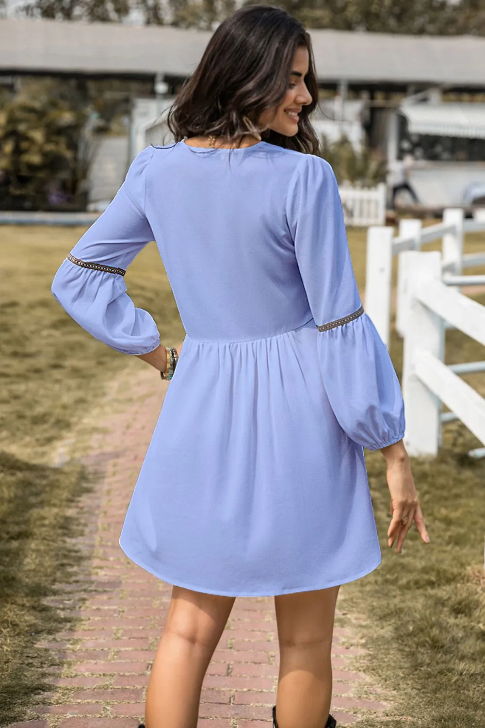 Notched Neck Long Sleeve Mini Dress