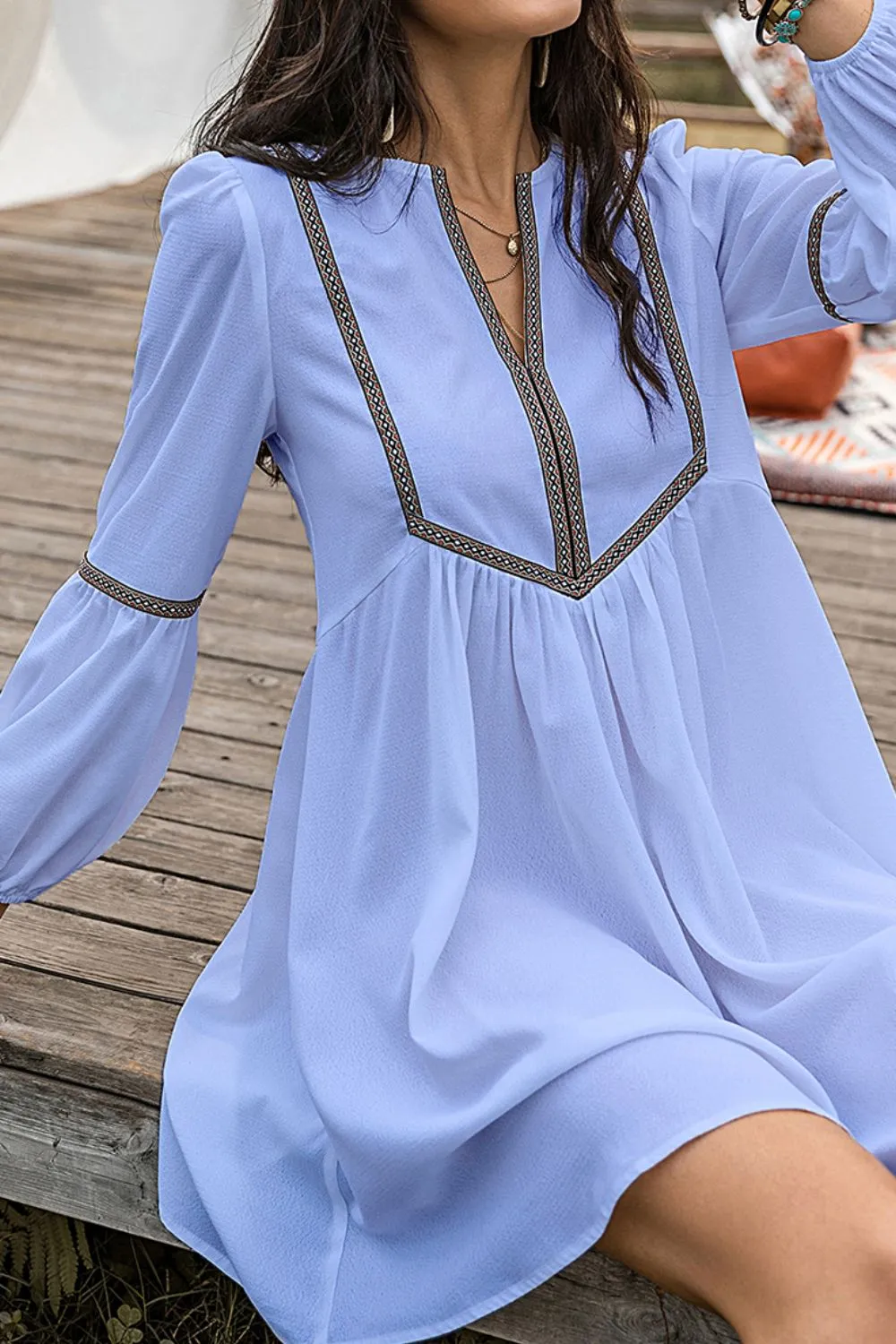 Notched Neck Long Sleeve Mini Dress