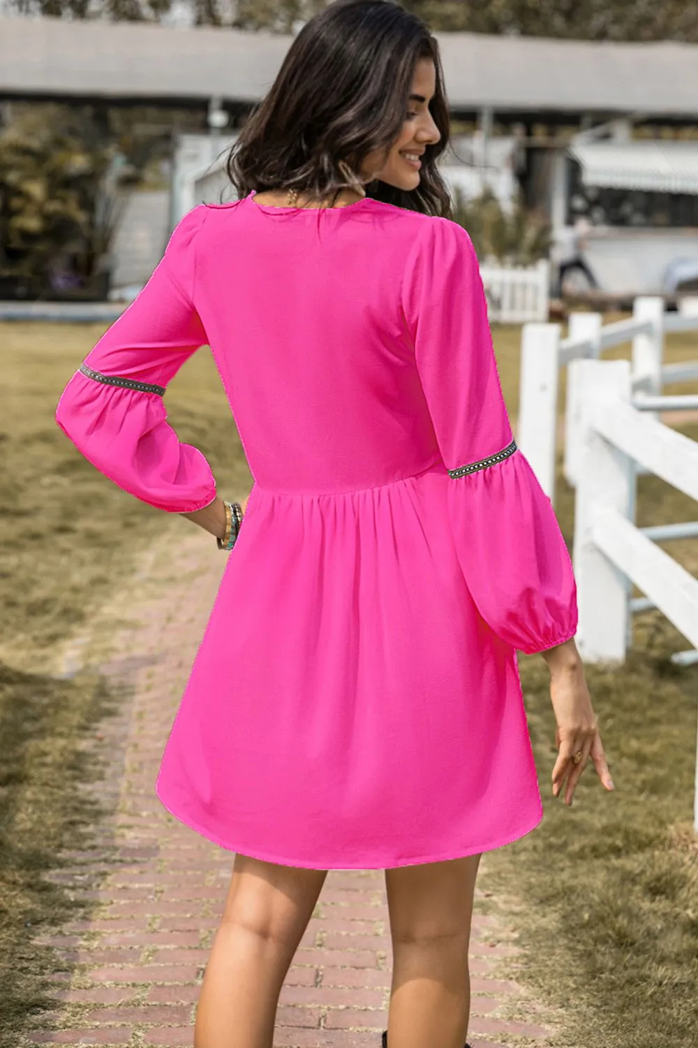 Notched Neck Long Sleeve Mini Dress