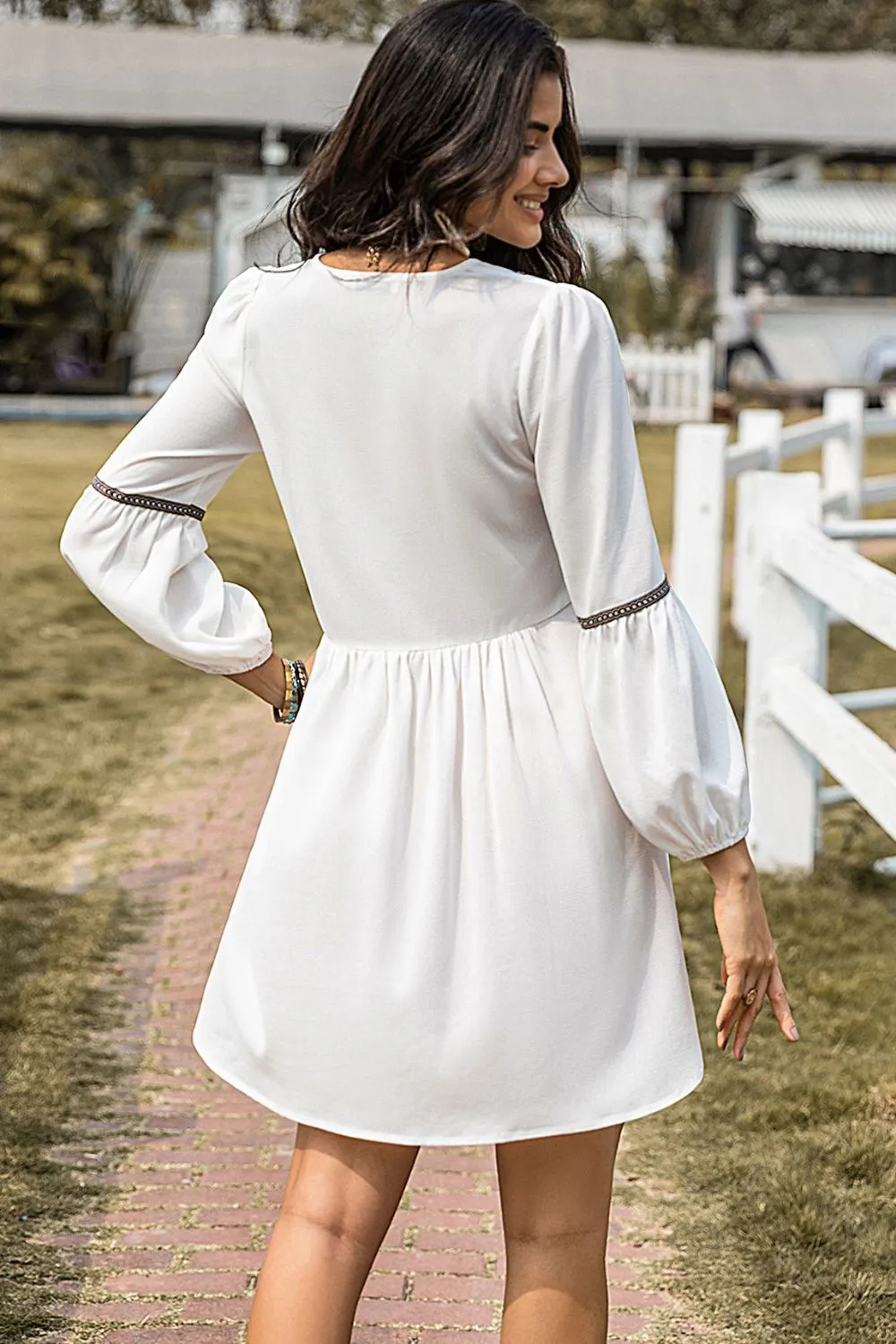 Notched Neck Long Sleeve Mini Dress