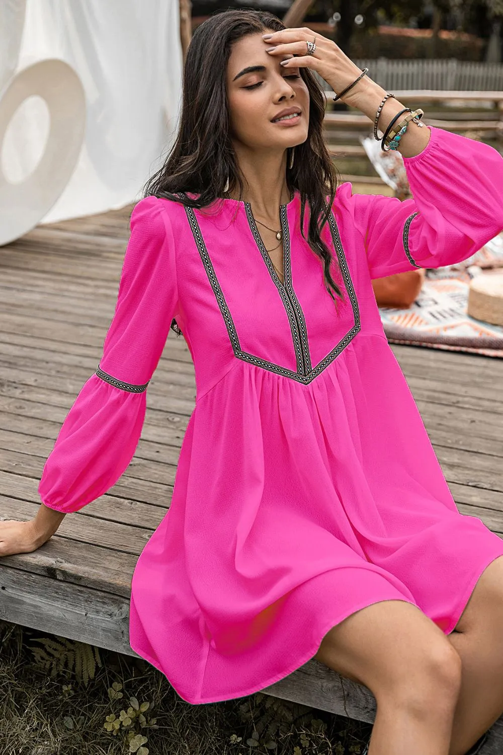 Notched Neck Long Sleeve Mini Dress