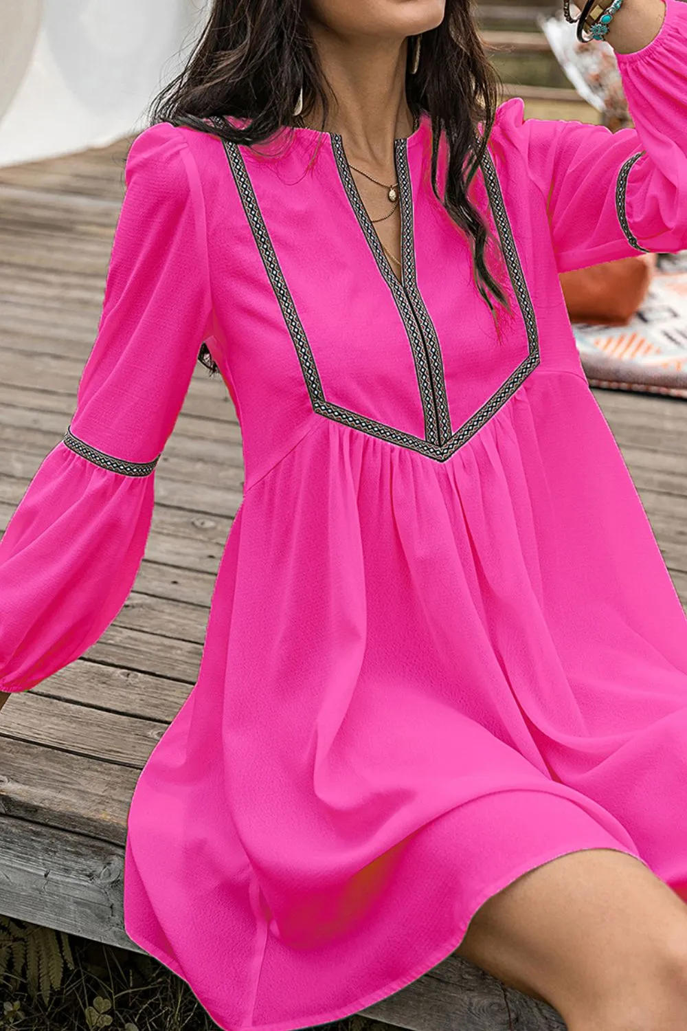 Notched Neck Long Sleeve Mini Dress