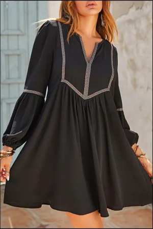 Notched Neck Long Sleeve Mini Dress