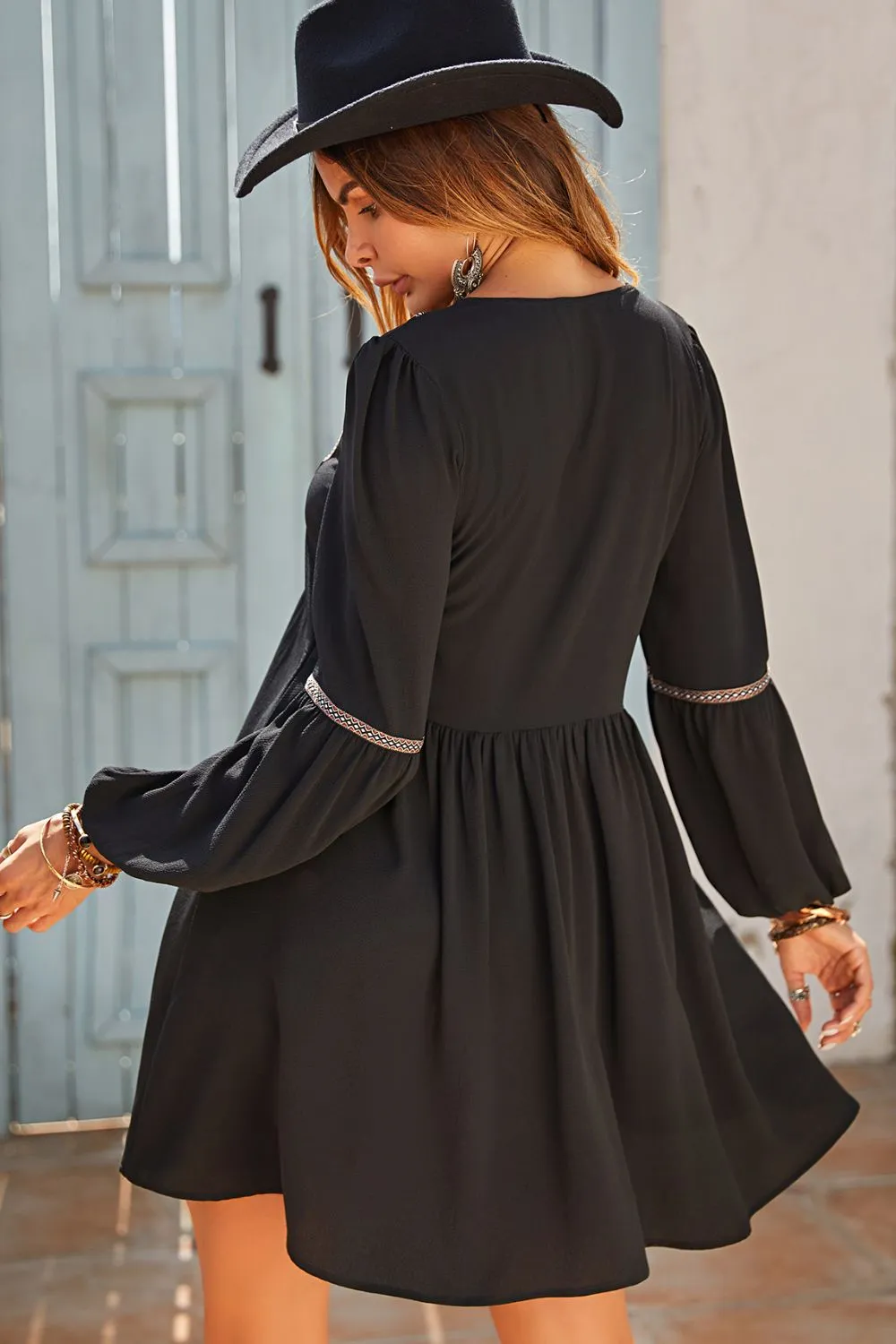 Notched Neck Long Sleeve Mini Dress