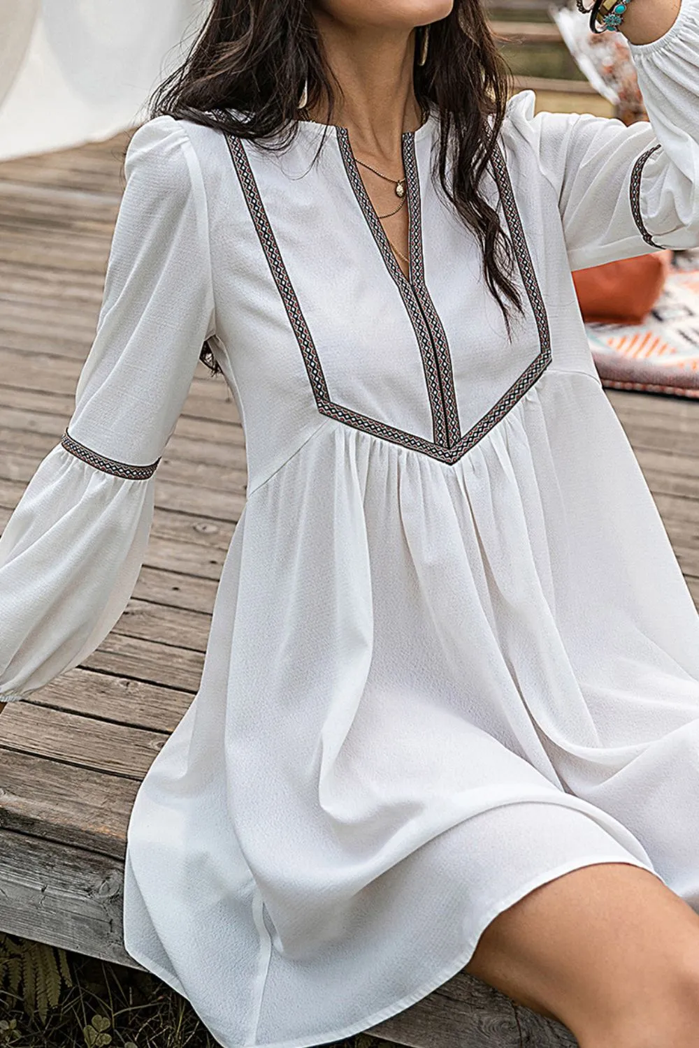 Notched Neck Long Sleeve Mini Dress