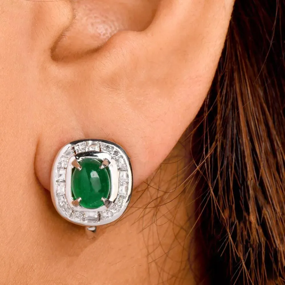 Oval Cabochon Emerald Earrings with Channel Set Diamond Halo and Omega Backs