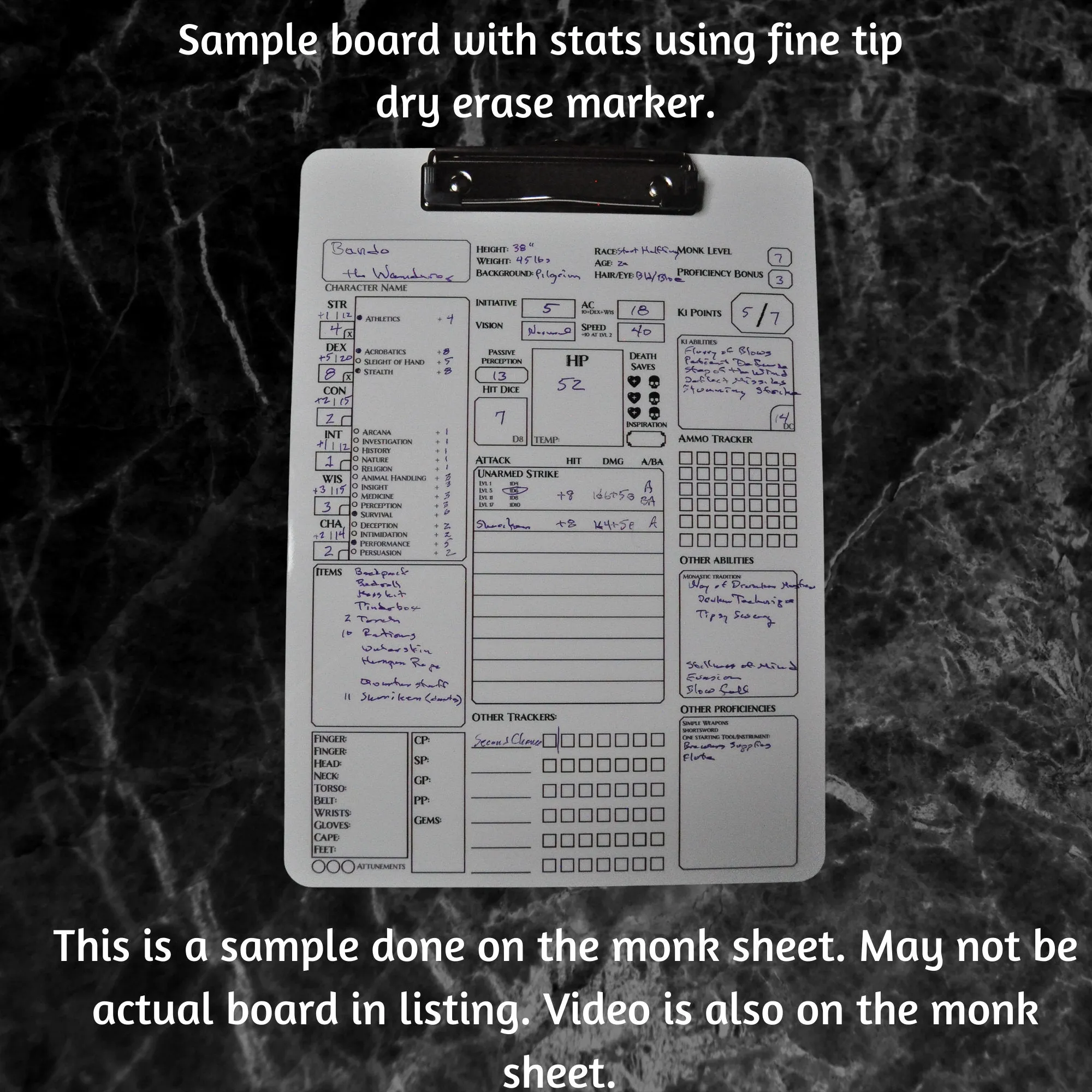 Paladin Character Sheet on a dry erase clipboard