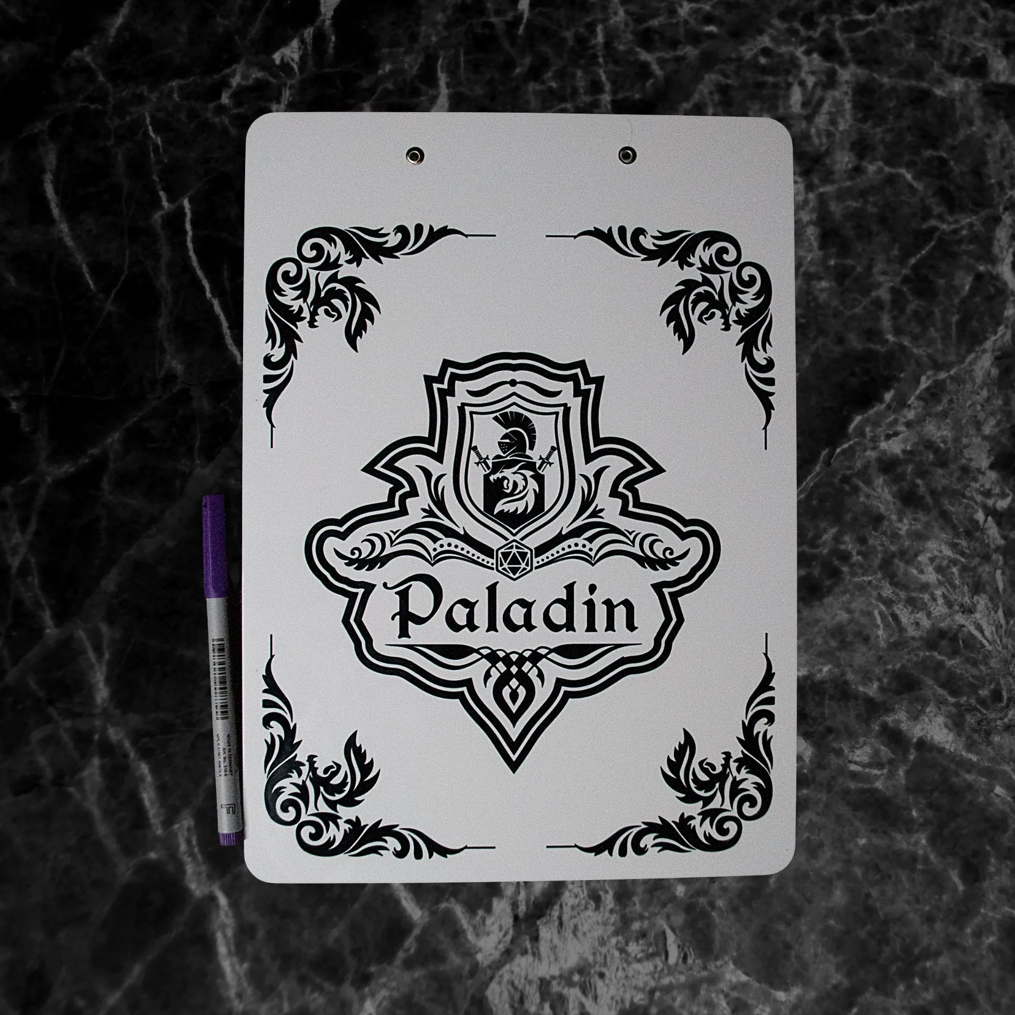 Paladin Character Sheet on a dry erase clipboard