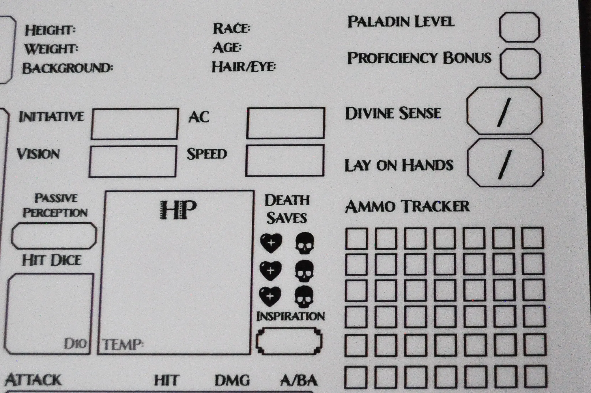Paladin Character Sheet on a dry erase clipboard