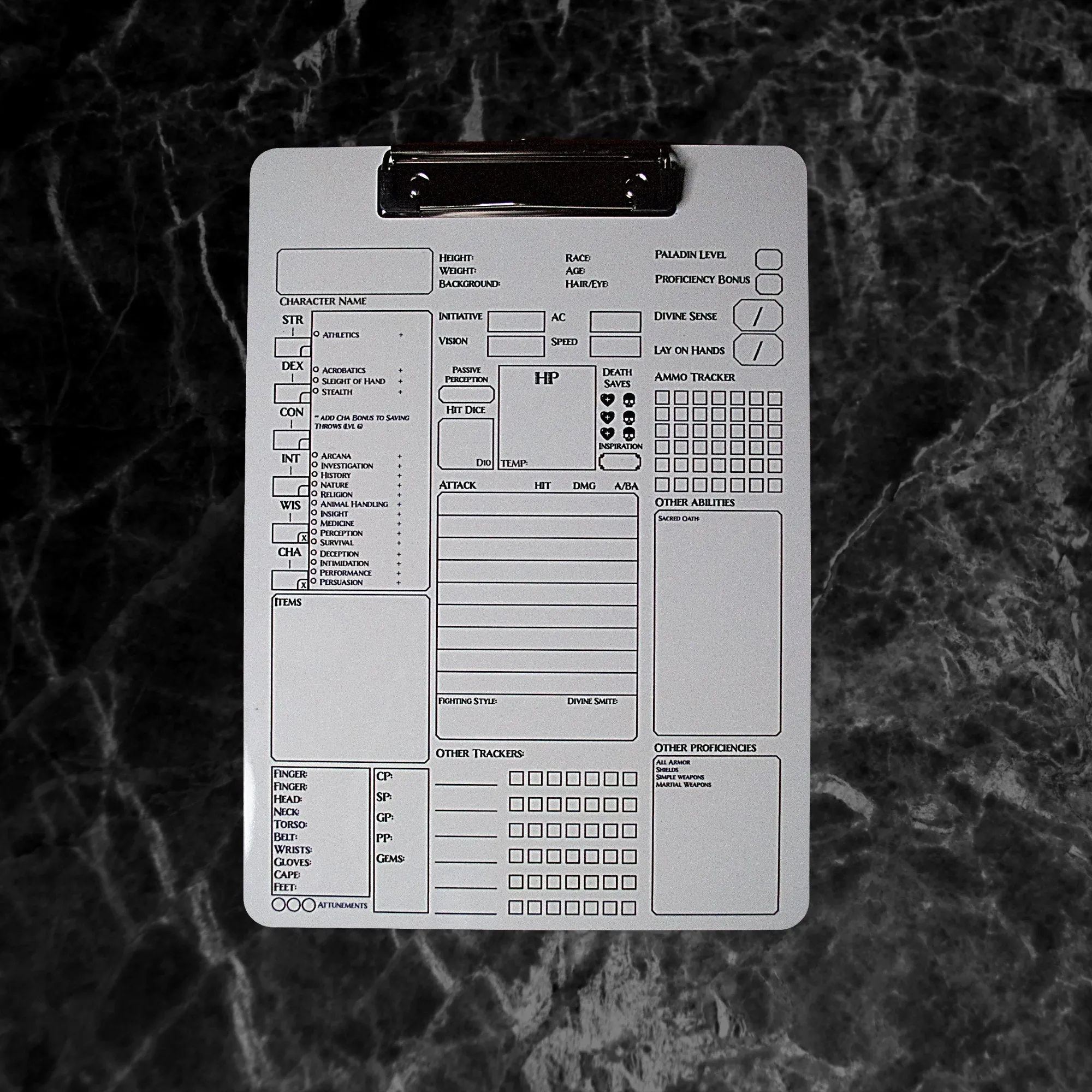 Paladin Character Sheet on a dry erase clipboard
