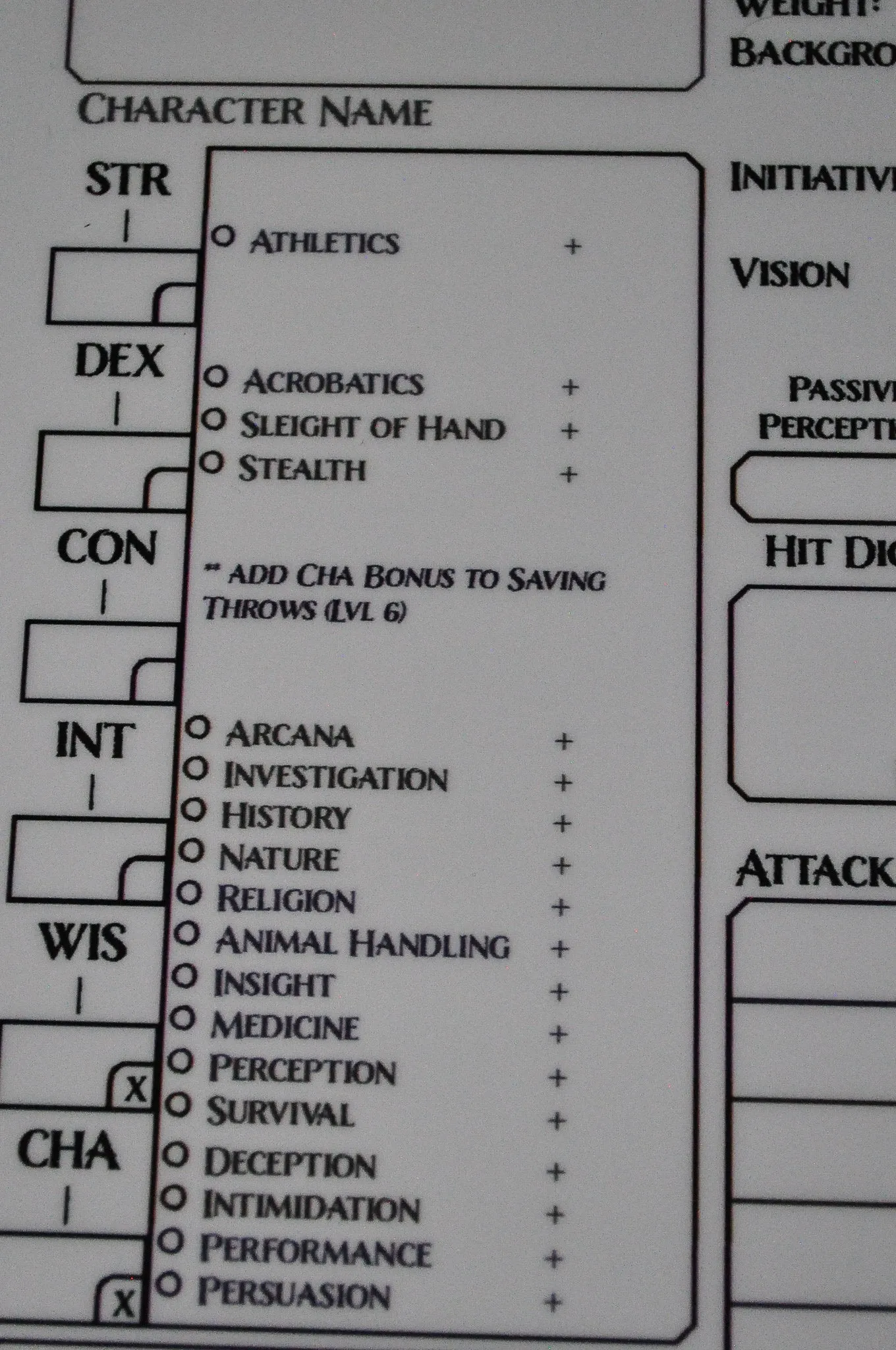 Paladin Character Sheet on a dry erase clipboard