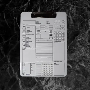 Paladin Character Sheet on a dry erase clipboard