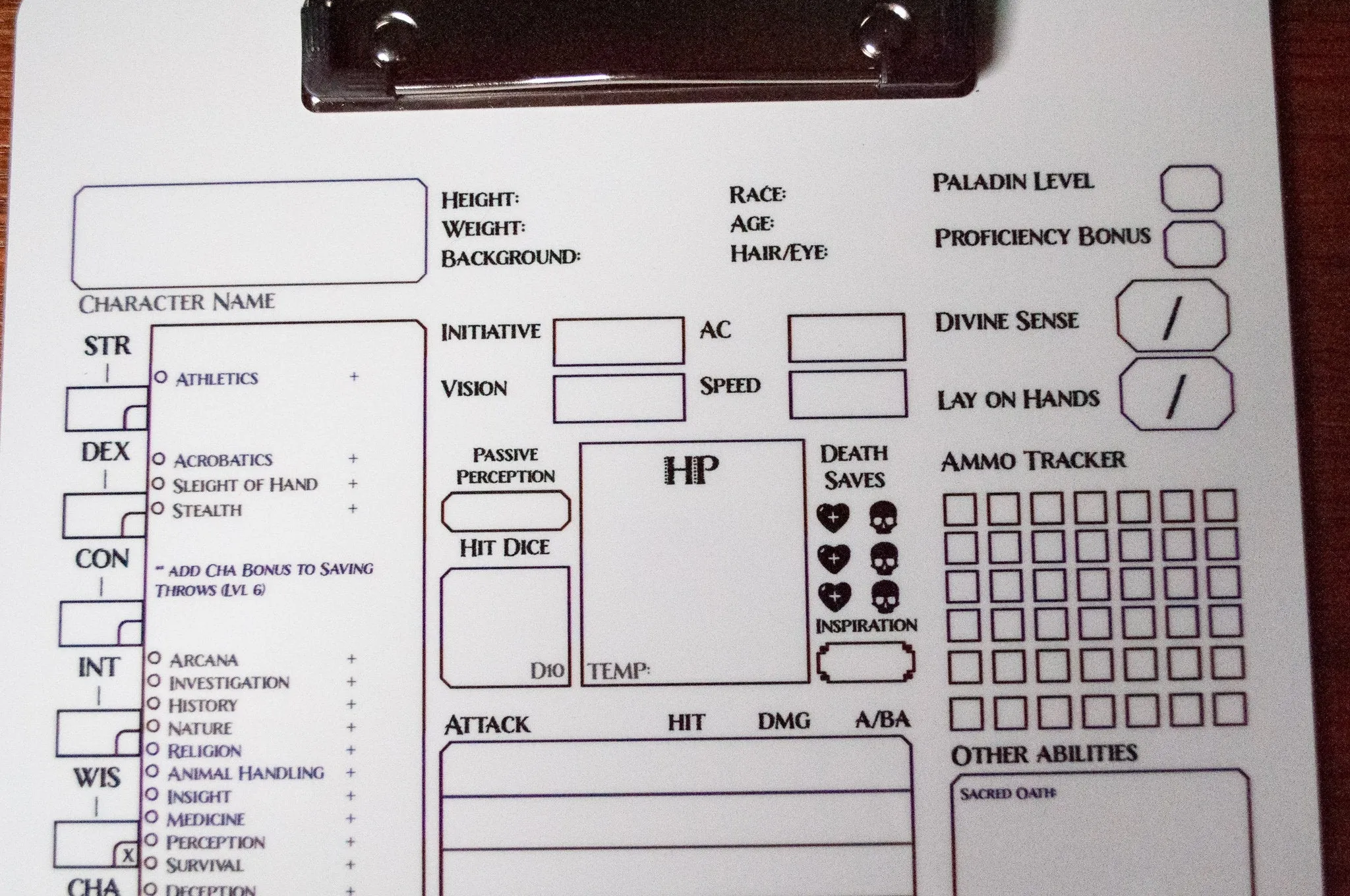 Paladin Character Sheet on a dry erase clipboard