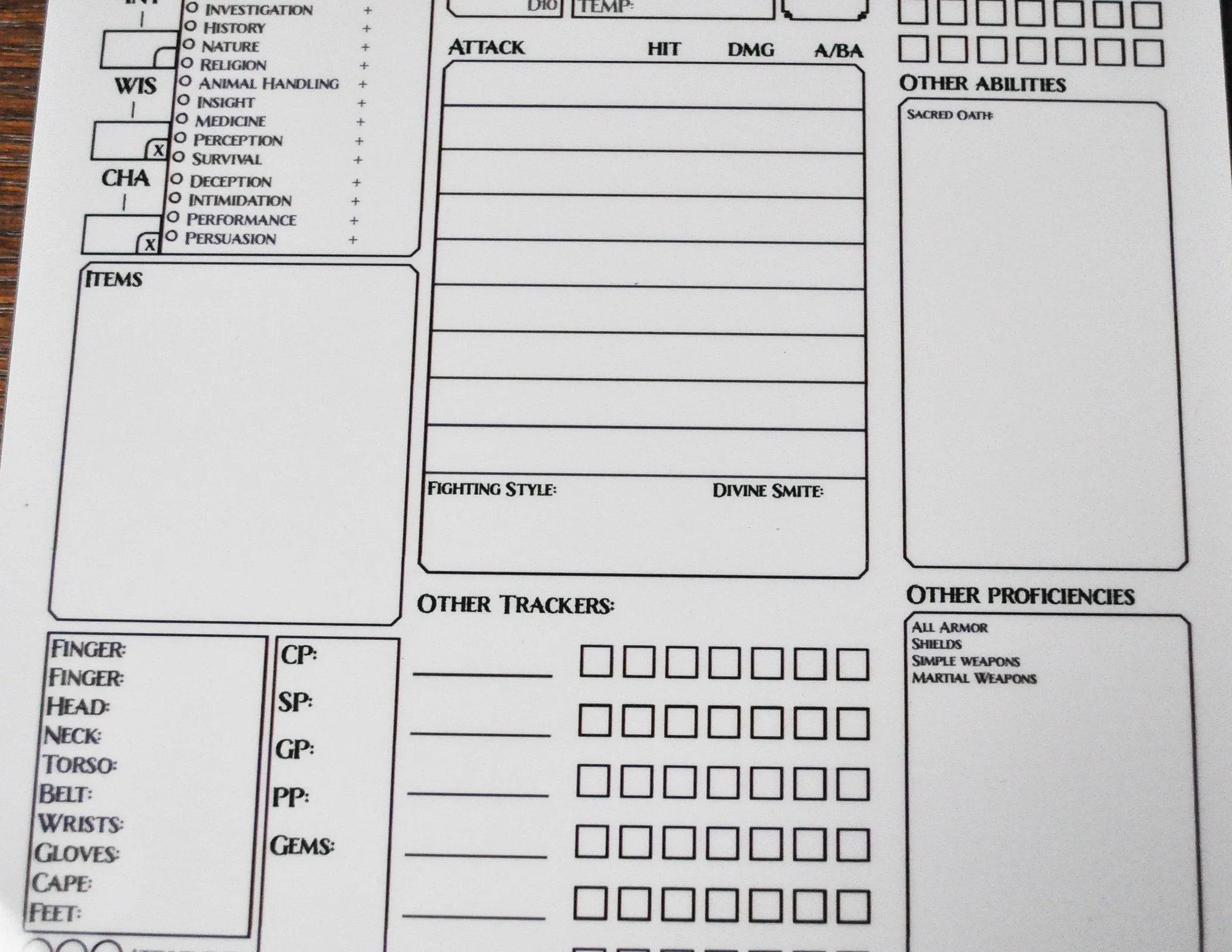 Paladin Character Sheet on a dry erase clipboard