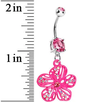 Pink Gem Aurora Hibiscus Flower Belly Ring