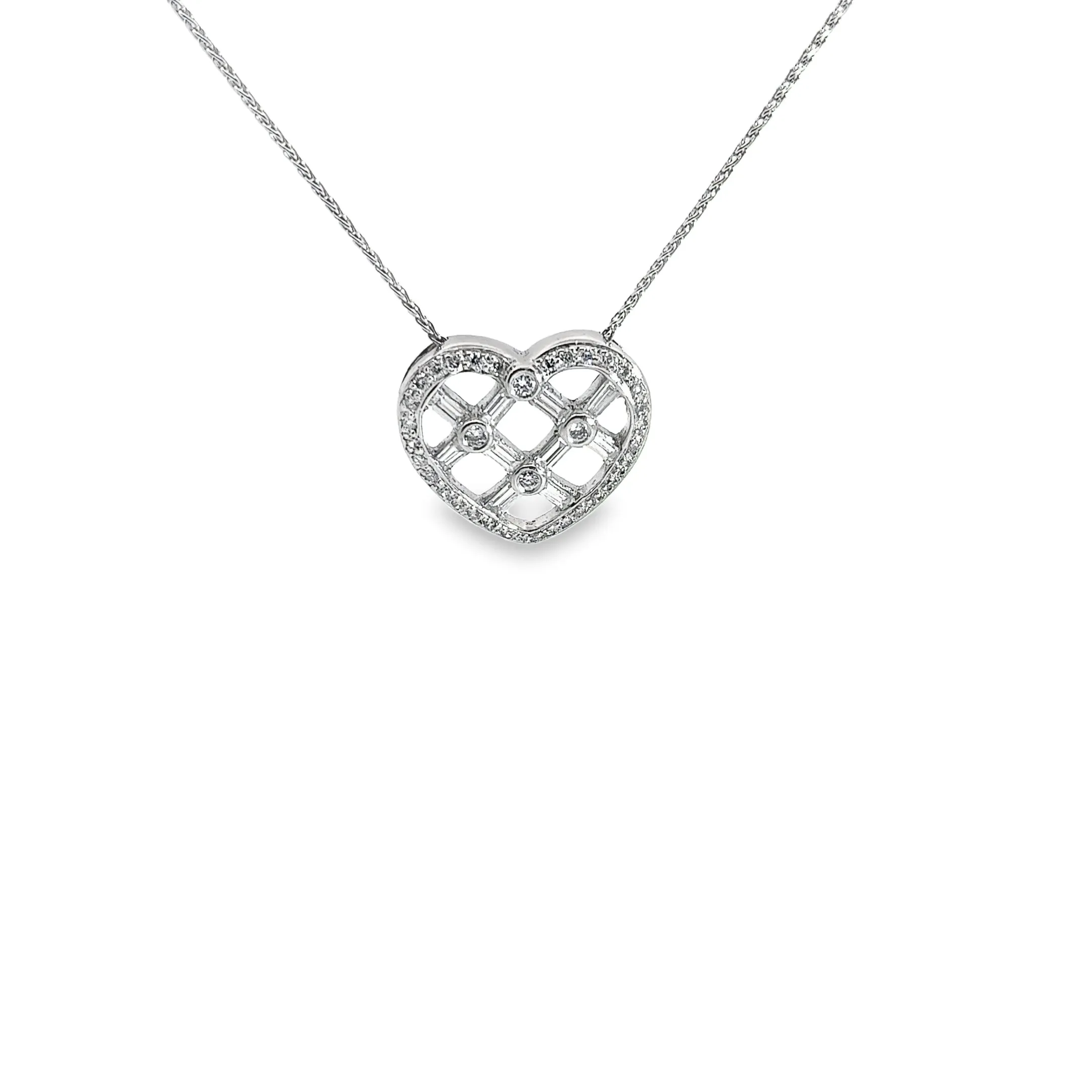 Platinum 1.13ct F VS2 Round and Baguette Diamond Heart necklace