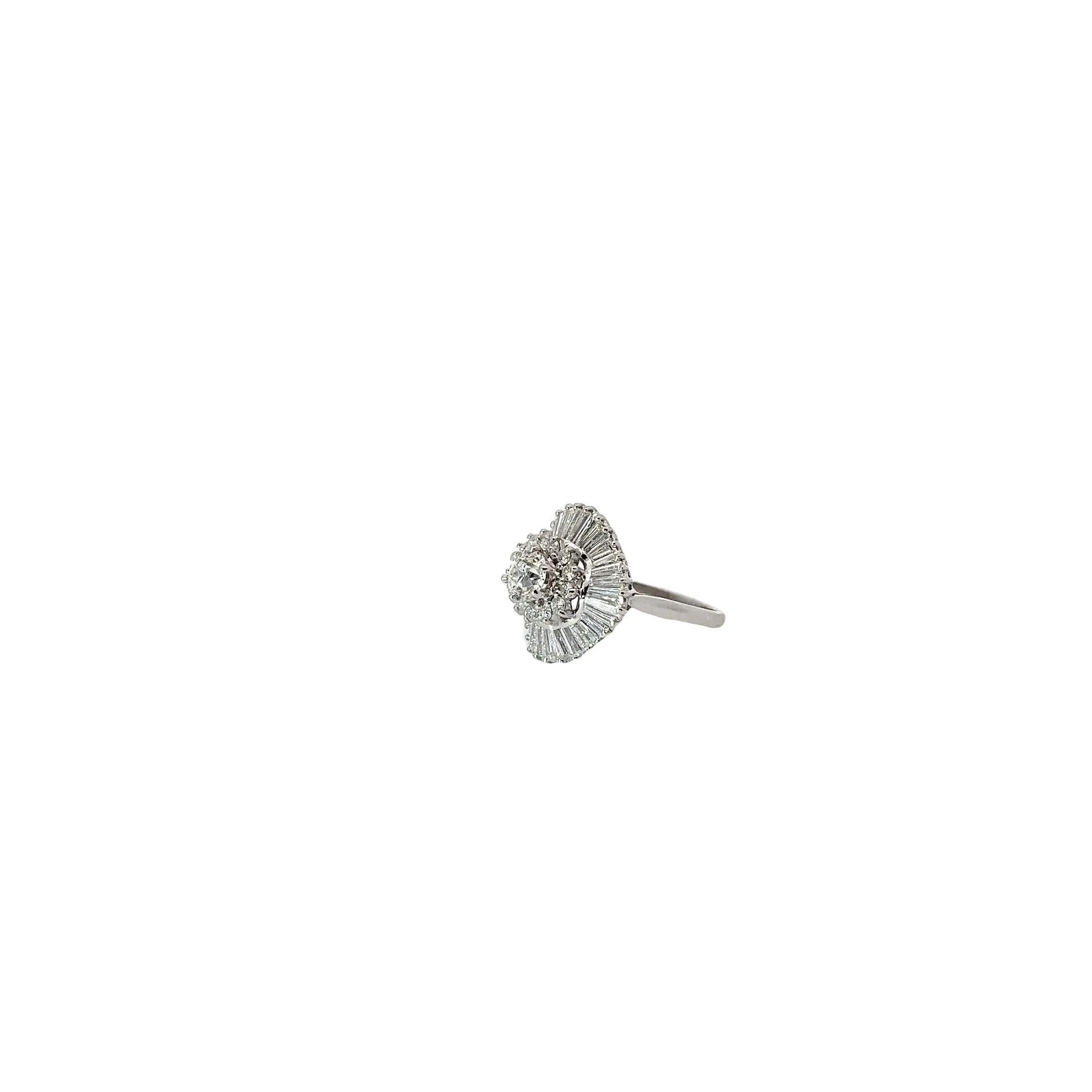 Platinum .50ct Center stone and 1.50ct surrounded E VS2 Baguette and Round Total Weight of diamond  Ballerina Fashion ring