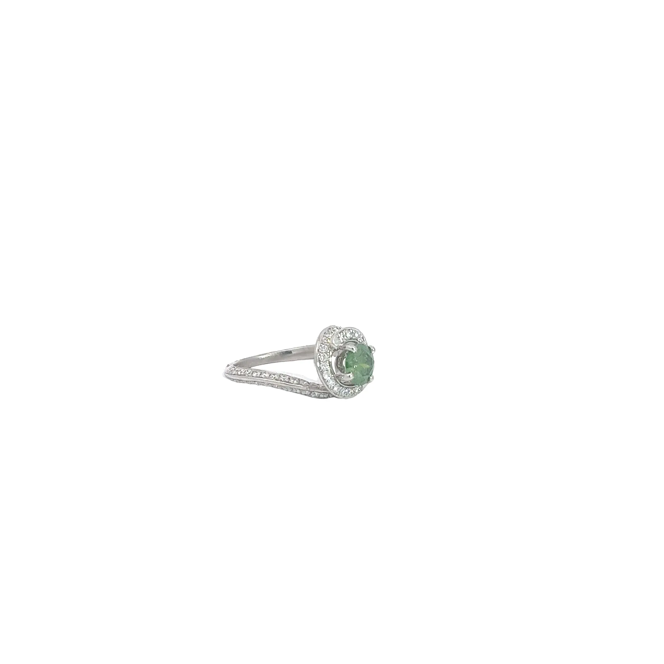 Platinum .73ct Irradiated Green Round and .75ct F VS2 Round Diamond Engagement Ring Size 4 1/4