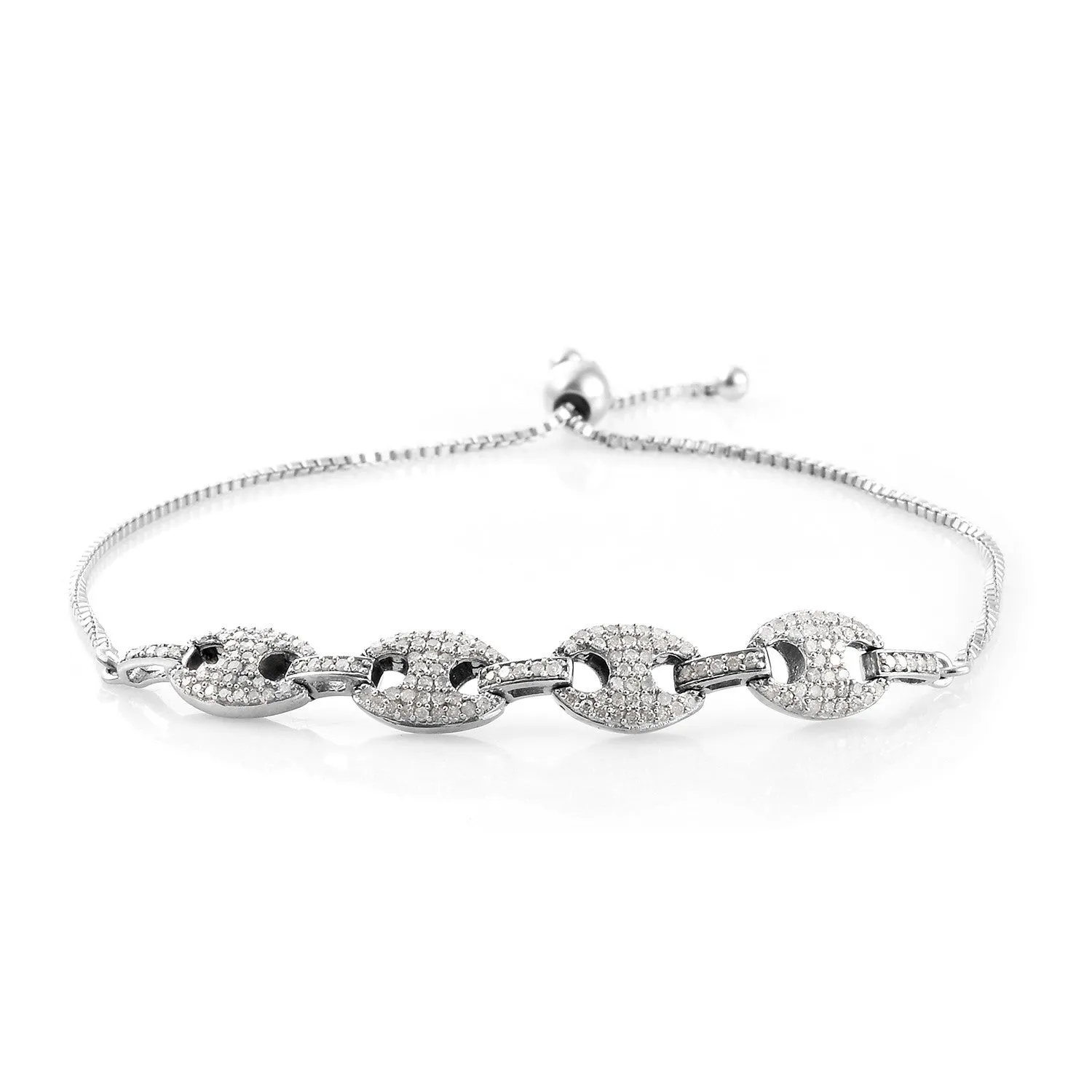 Platinum over Sterling Silver 1.00ct White Diamond Coffee Link Adjustable Bracelet