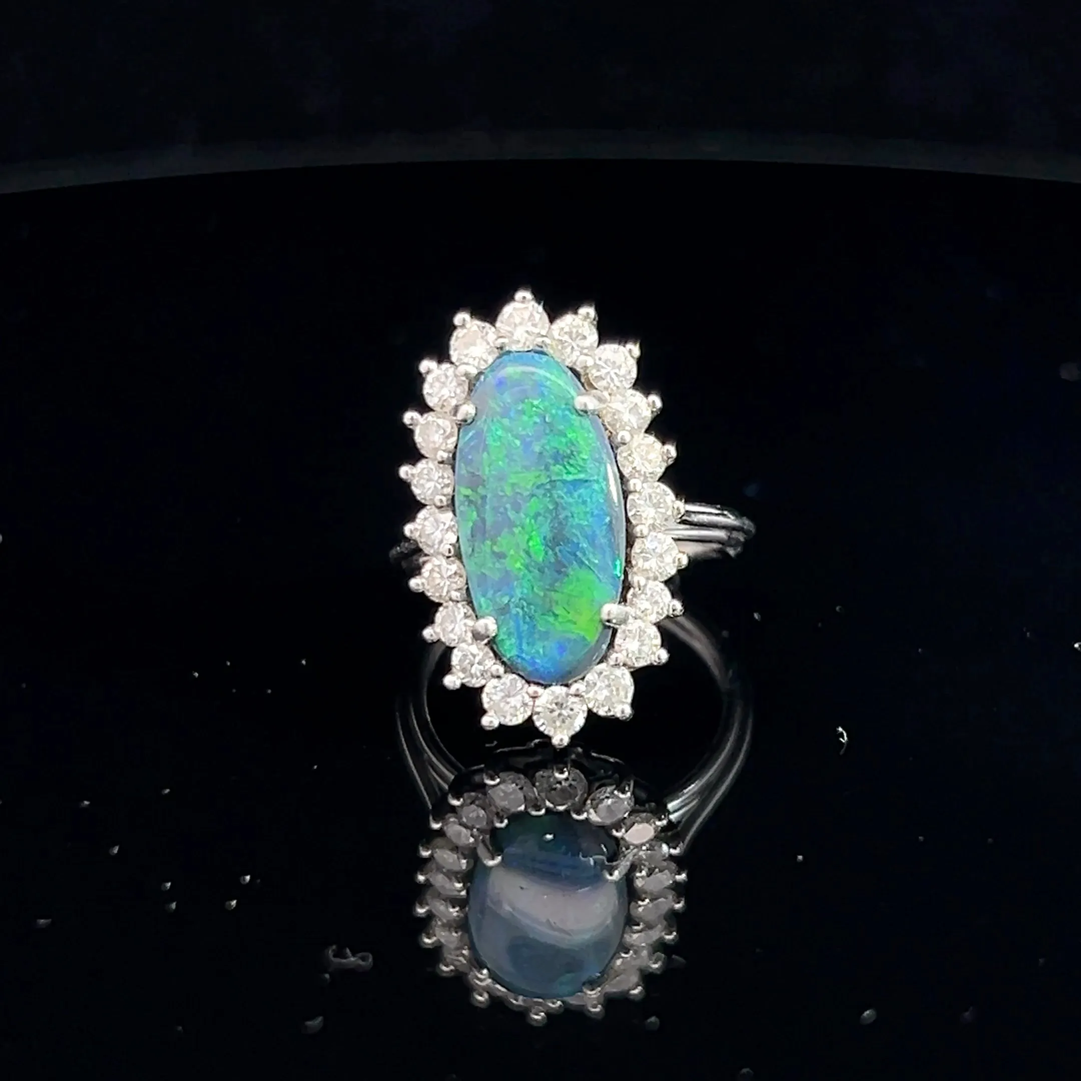 Platinum Vintage 3.00ct Oval Shape Natural Black Opal /.65ct E VS2 Round Diamond Ring