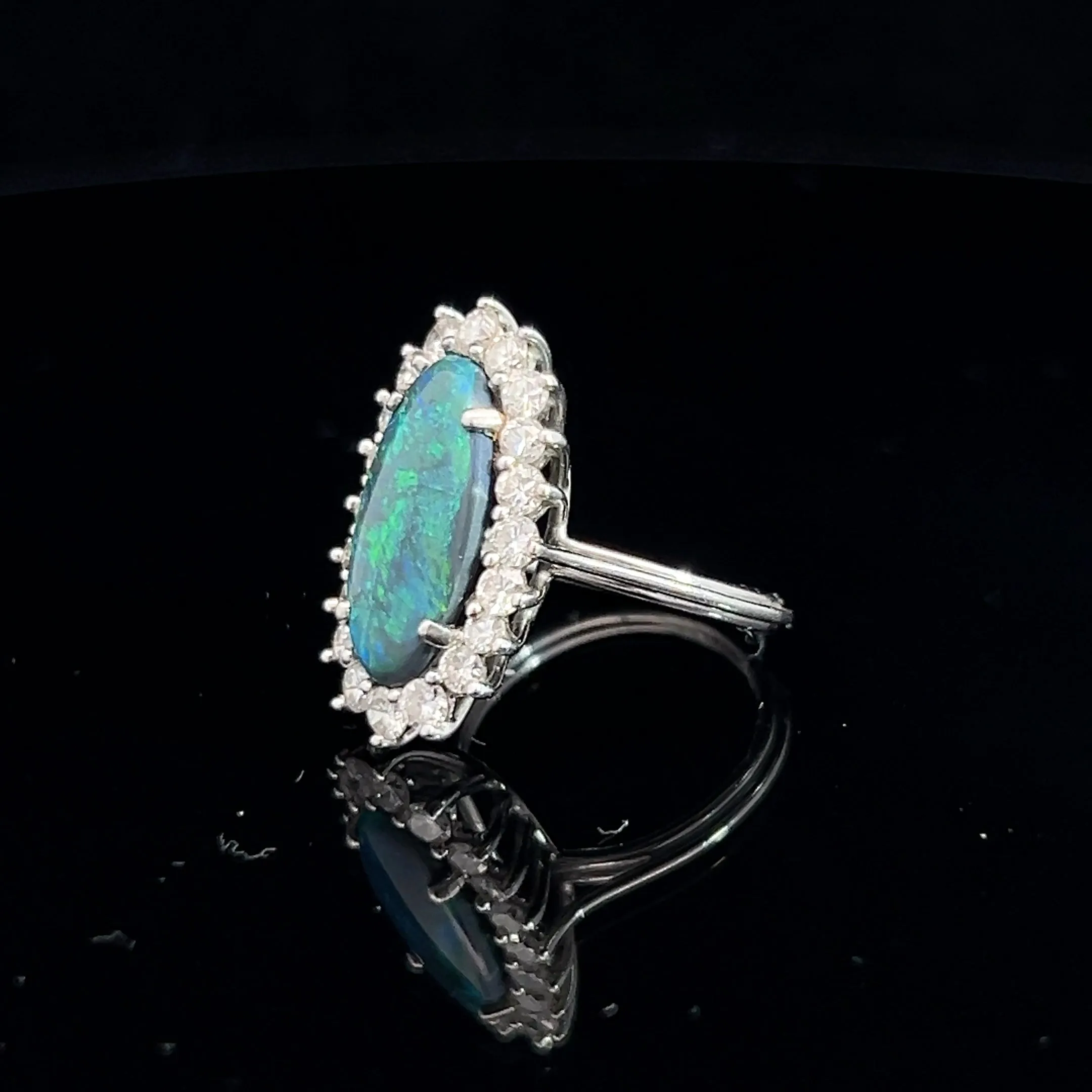 Platinum Vintage 3.00ct Oval Shape Natural Black Opal /.65ct E VS2 Round Diamond Ring