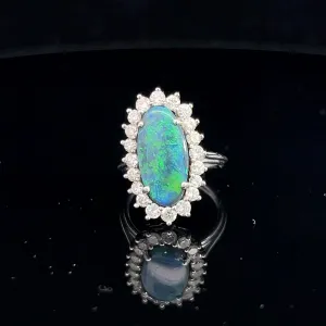 Platinum Vintage 3.00ct Oval Shape Natural Black Opal /.65ct E VS2 Round Diamond Ring
