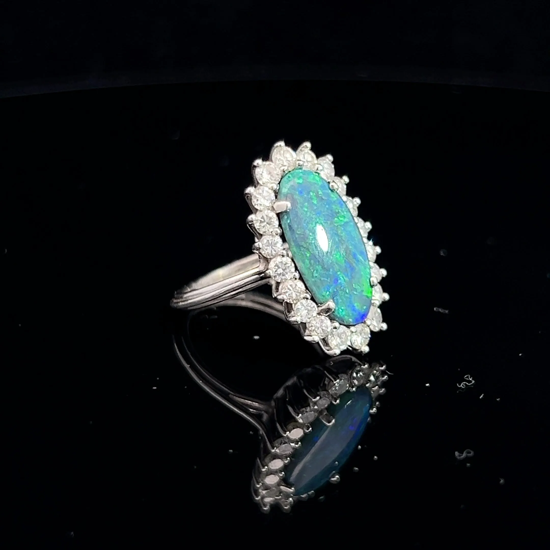 Platinum Vintage 3.00ct Oval Shape Natural Black Opal /.65ct E VS2 Round Diamond Ring