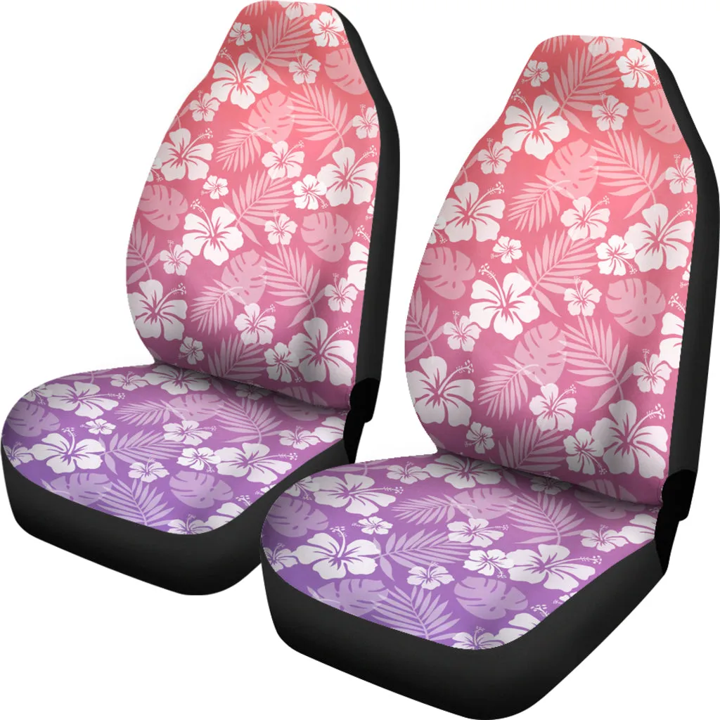 Purple and Coral Ombre Car Seat Covers With White Hibiscus Flower Pattern Overalay