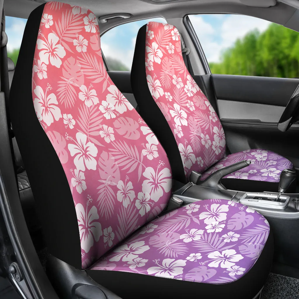 Purple and Coral Ombre Car Seat Covers With White Hibiscus Flower Pattern Overalay