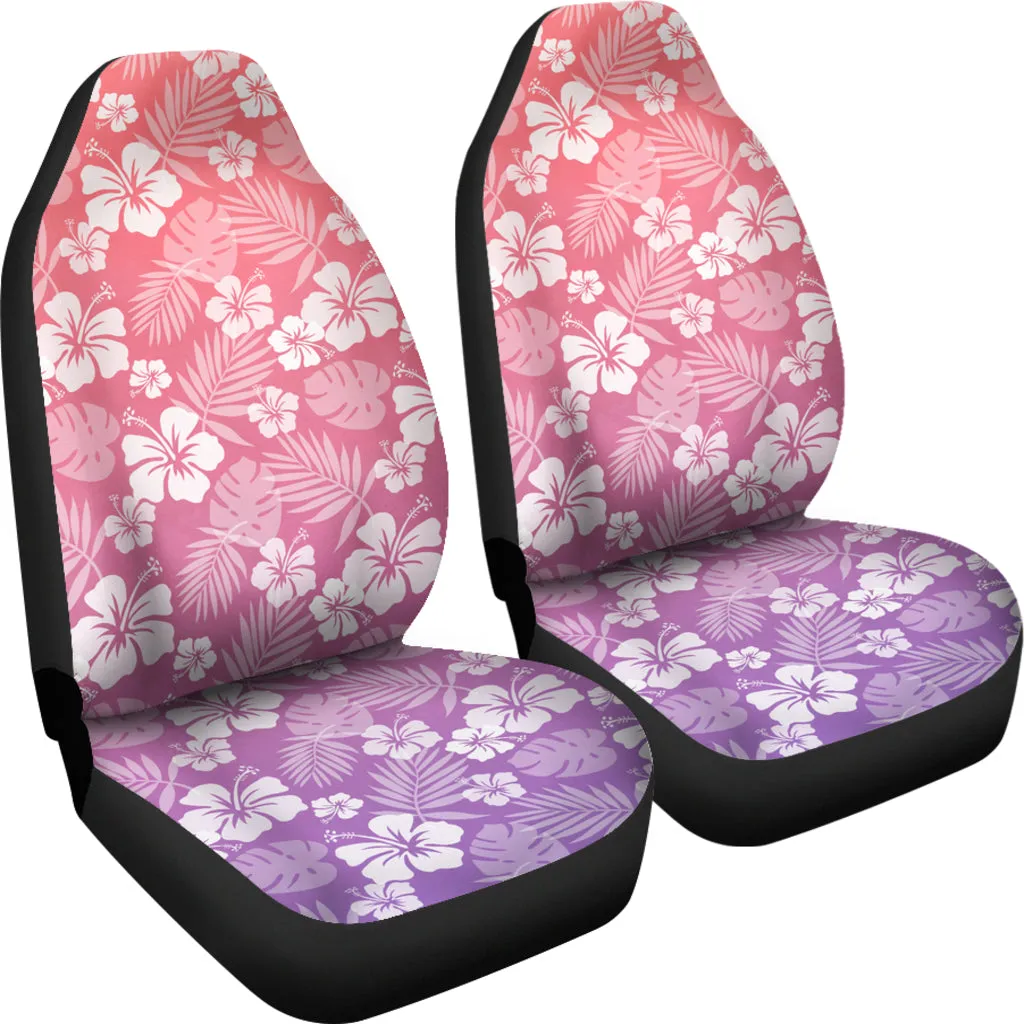 Purple and Coral Ombre Car Seat Covers With White Hibiscus Flower Pattern Overalay