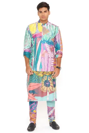 PURPLE TROPICAL PRINT DUPION SILK BANDI WITH SILKMUL KURTA AND CHURIDAR