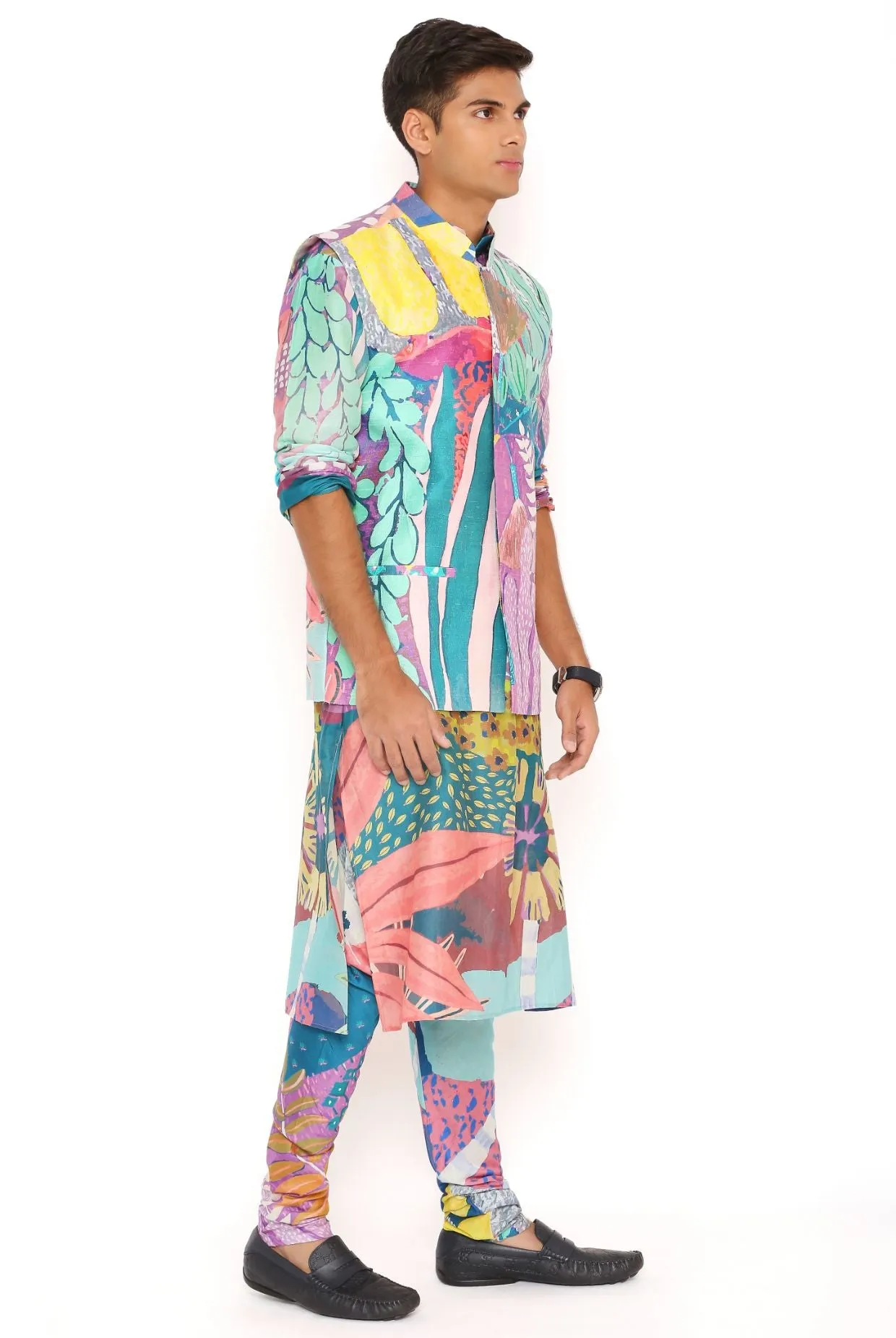 PURPLE TROPICAL PRINT DUPION SILK BANDI WITH SILKMUL KURTA AND CHURIDAR