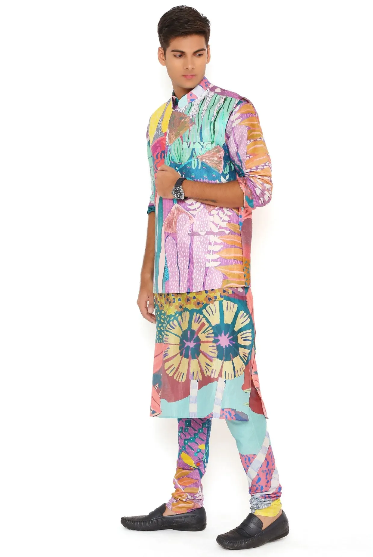 PURPLE TROPICAL PRINT DUPION SILK BANDI WITH SILKMUL KURTA AND CHURIDAR