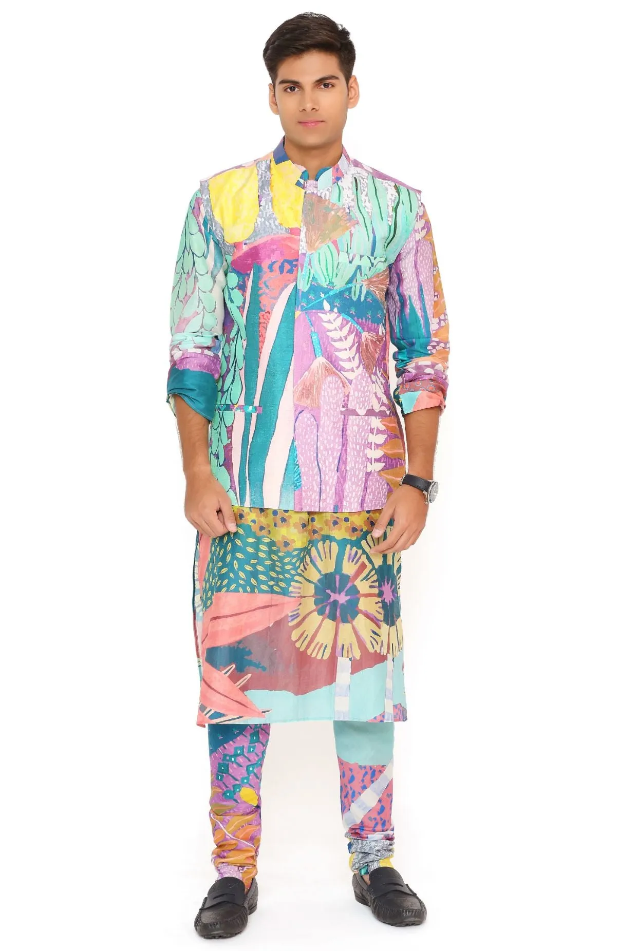 PURPLE TROPICAL PRINT DUPION SILK BANDI WITH SILKMUL KURTA AND CHURIDAR