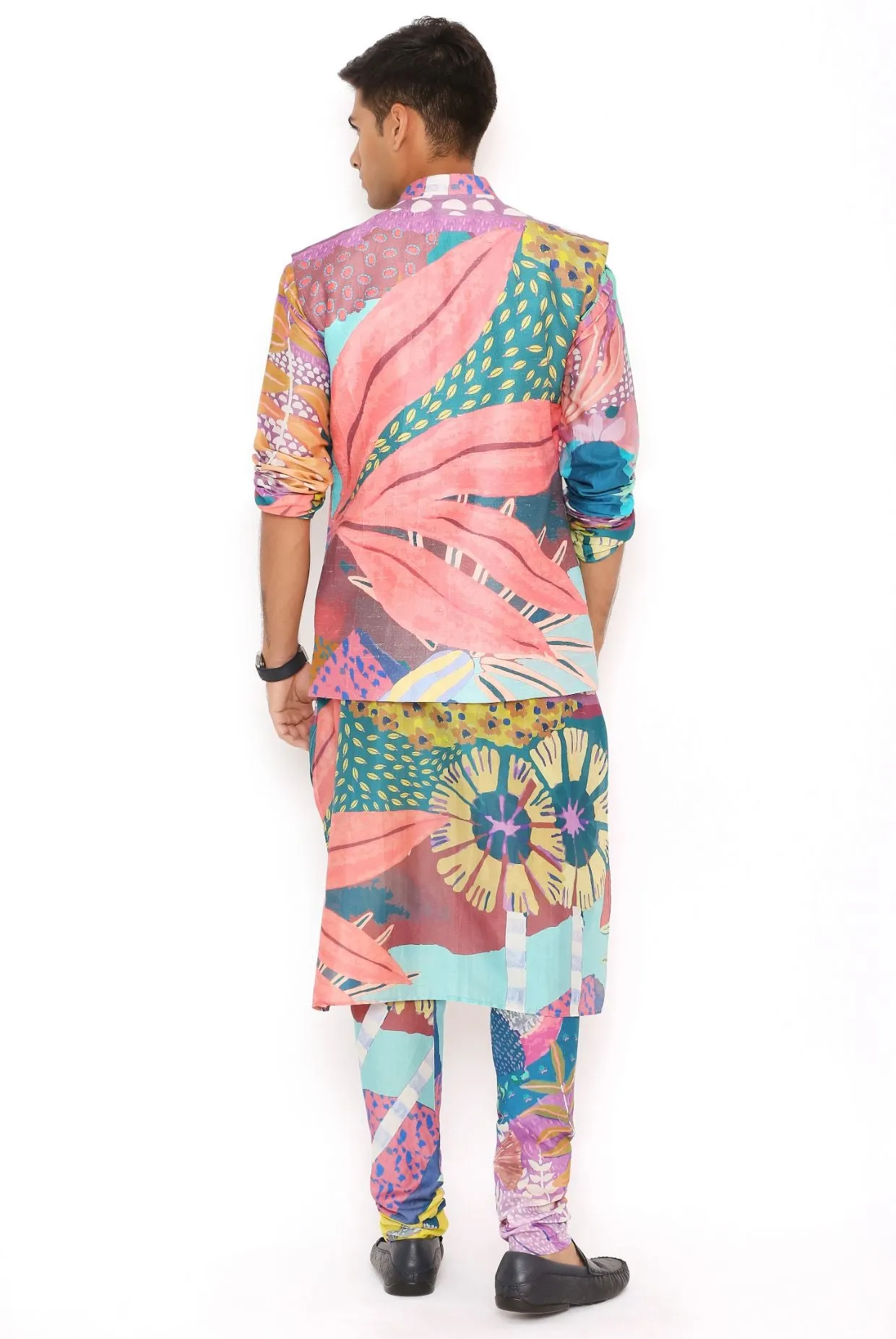 PURPLE TROPICAL PRINT DUPION SILK BANDI WITH SILKMUL KURTA AND CHURIDAR