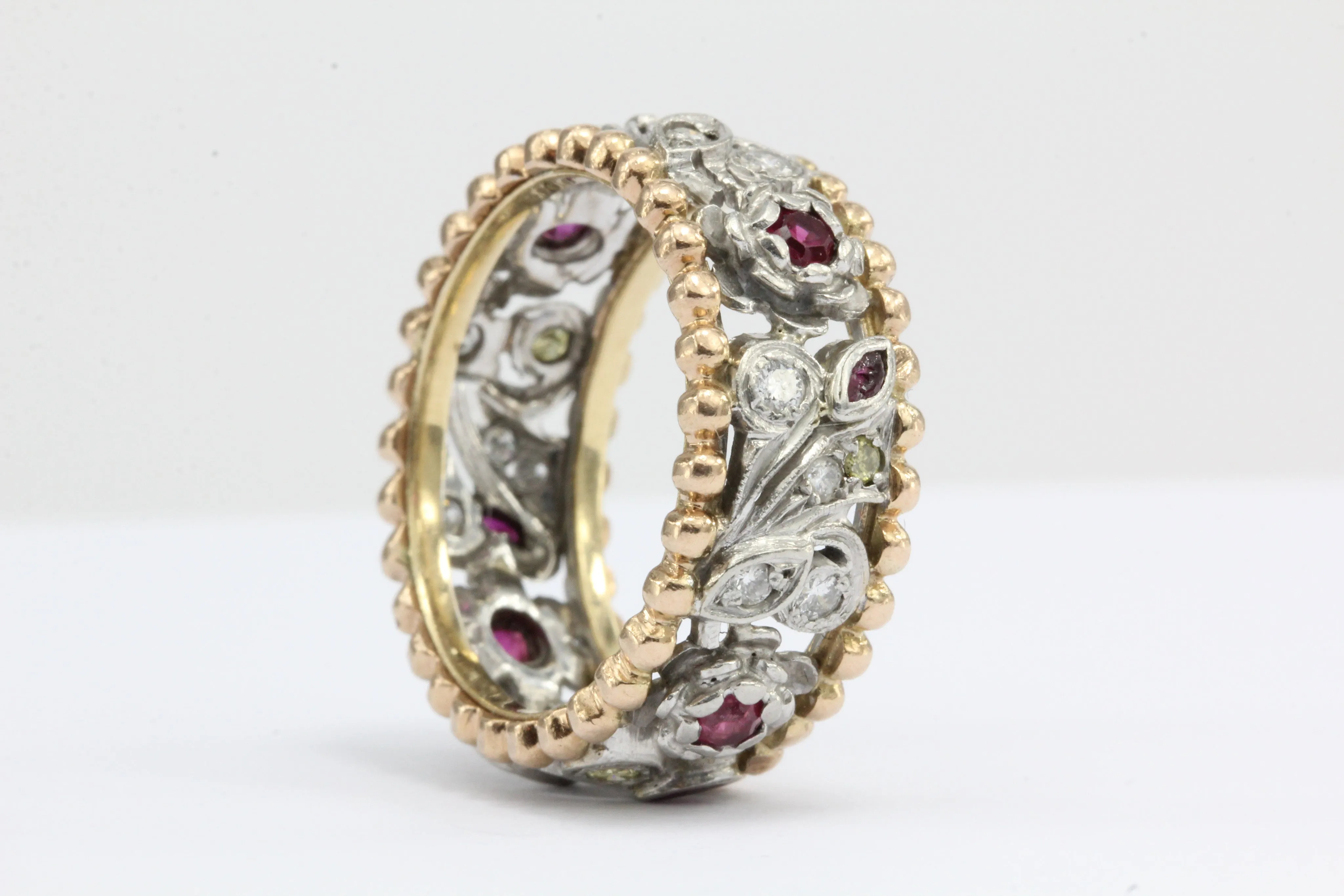 Retro Platinum & 14k Rose Gold Yellow & White Diamond Ruby Cigar Band C. 1940's