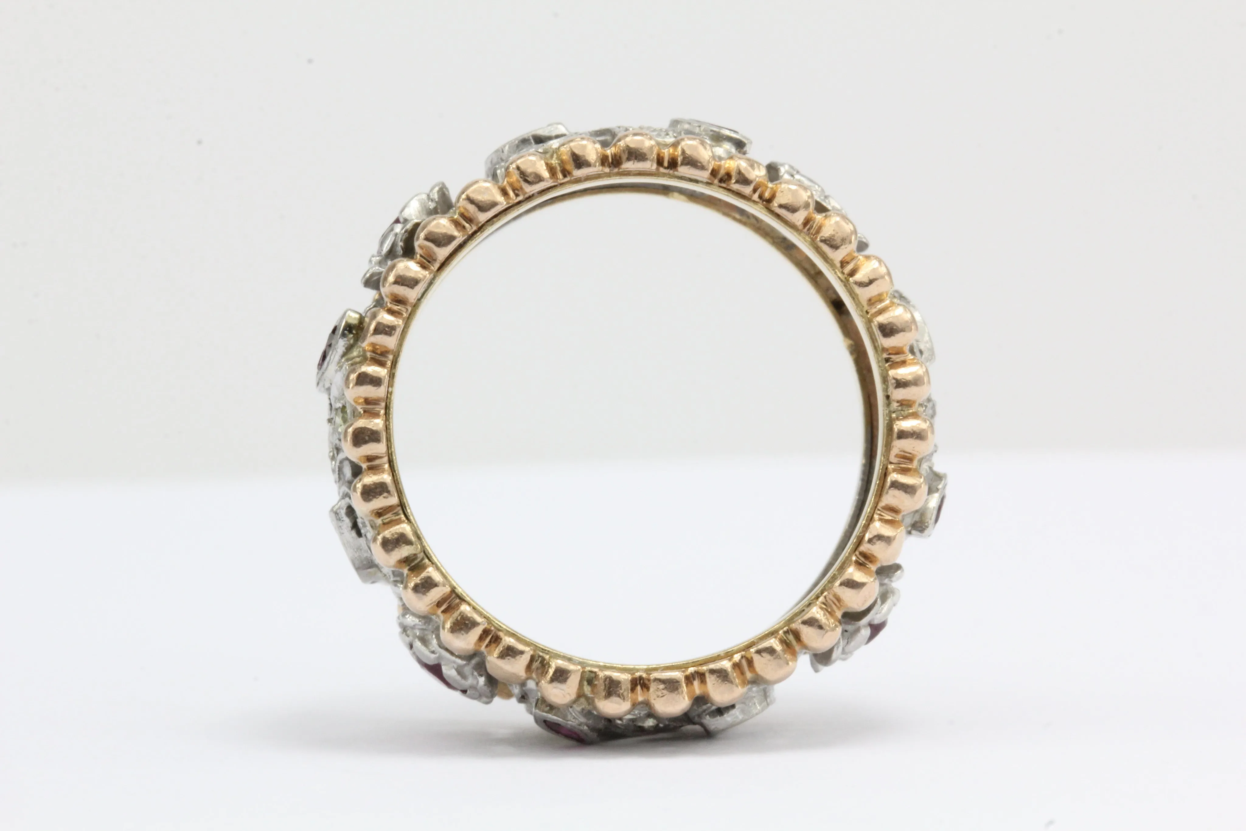 Retro Platinum & 14k Rose Gold Yellow & White Diamond Ruby Cigar Band C. 1940's
