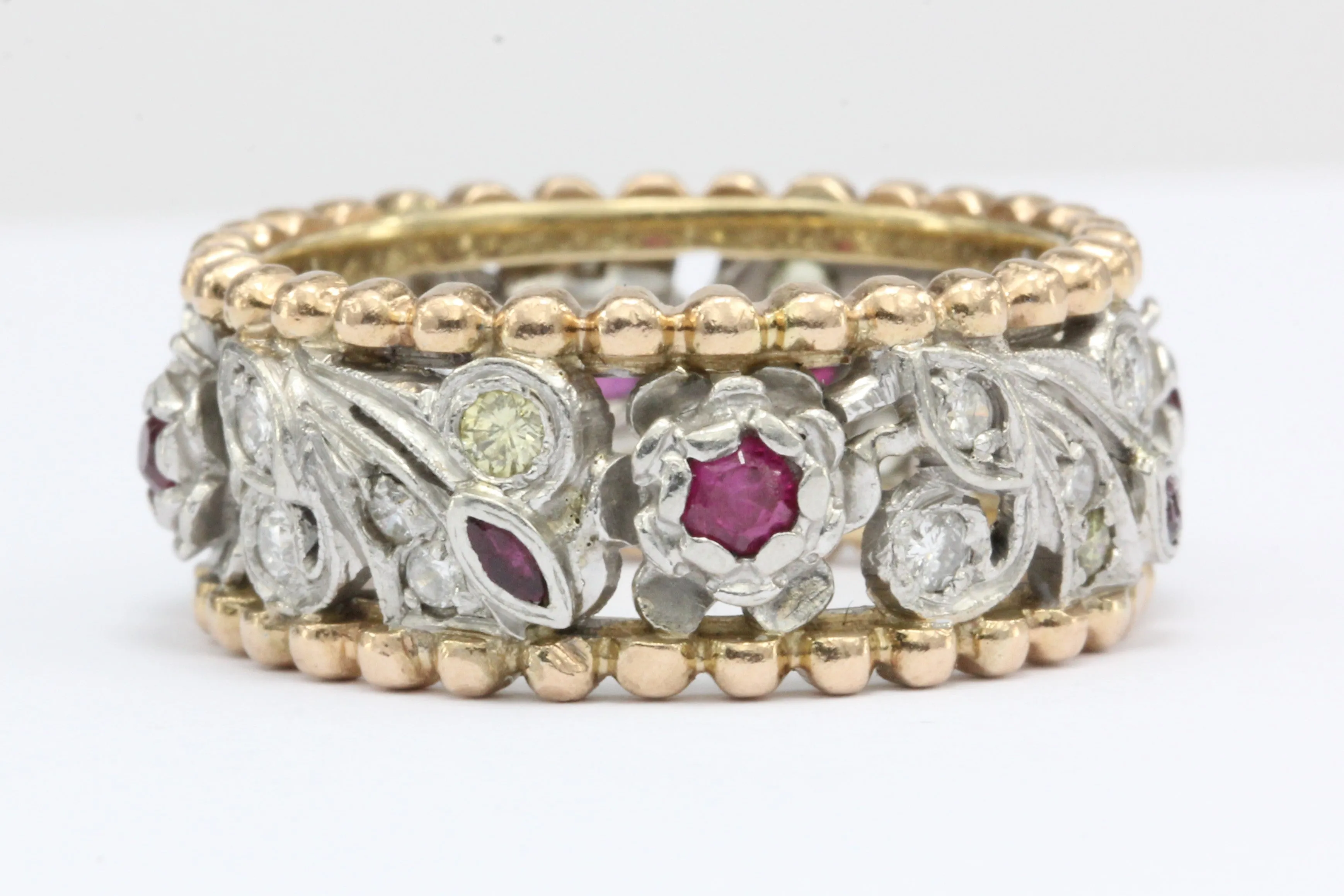 Retro Platinum & 14k Rose Gold Yellow & White Diamond Ruby Cigar Band C. 1940's