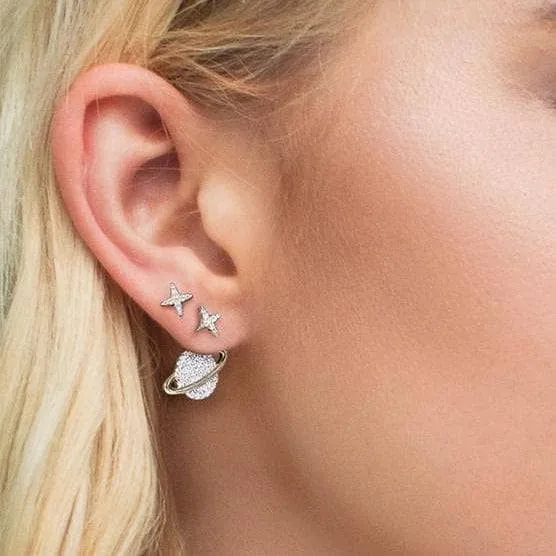 Round Diamond Studded Planet Asymmetric Earrings