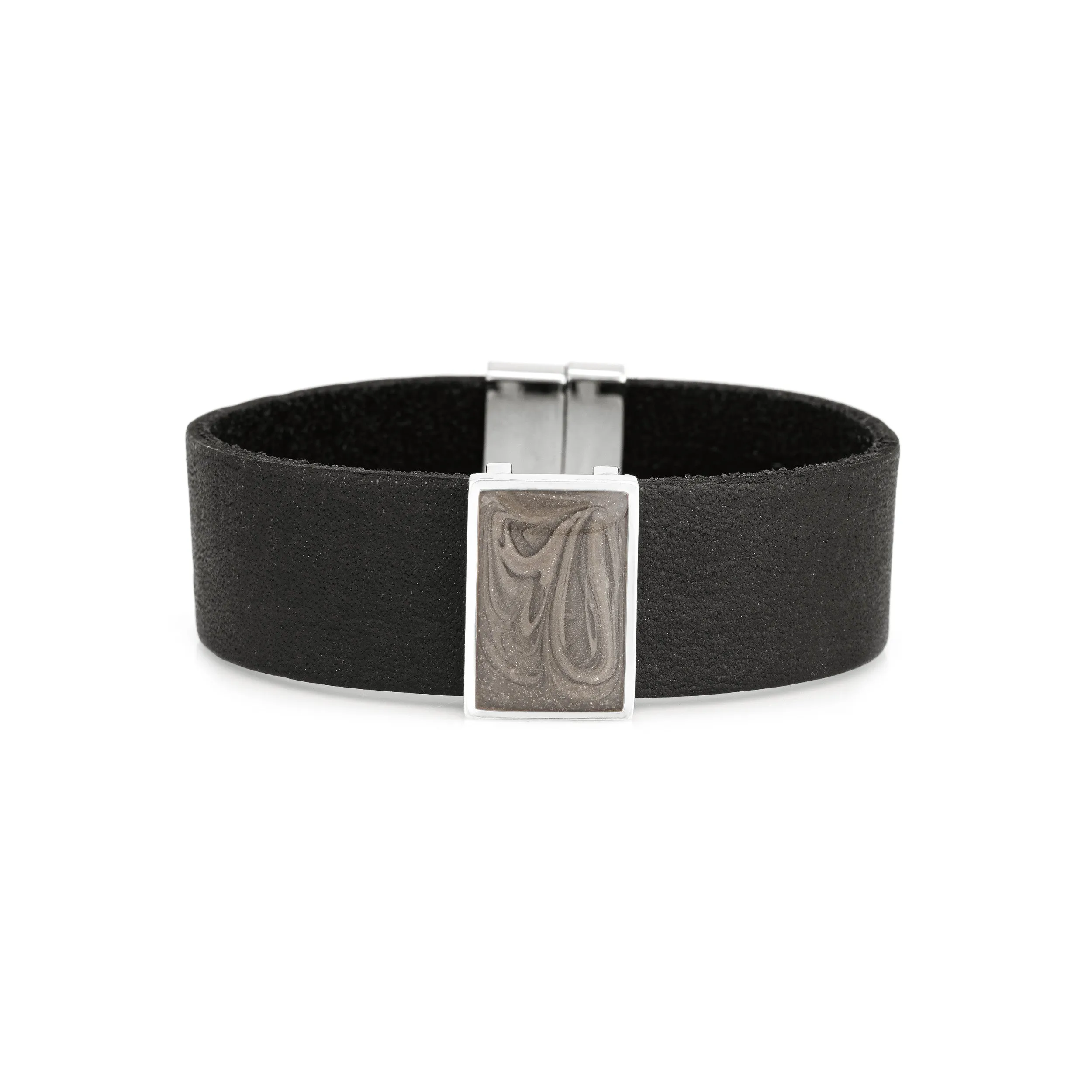 Sale | Wide Leather Bracelet with Rectangle Cremation Component in Sterling Silver
