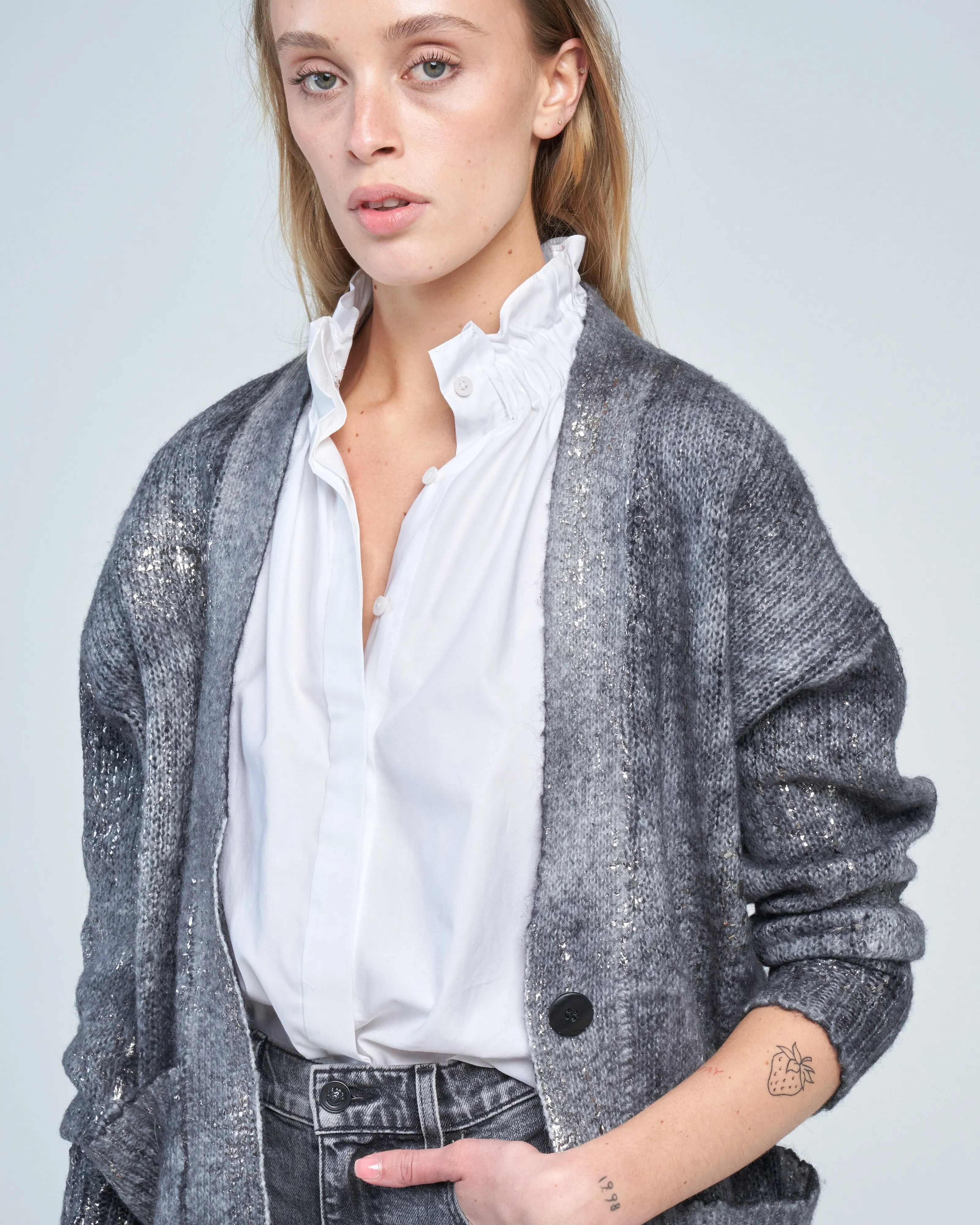 shawl cardigan in alpaca with lamination