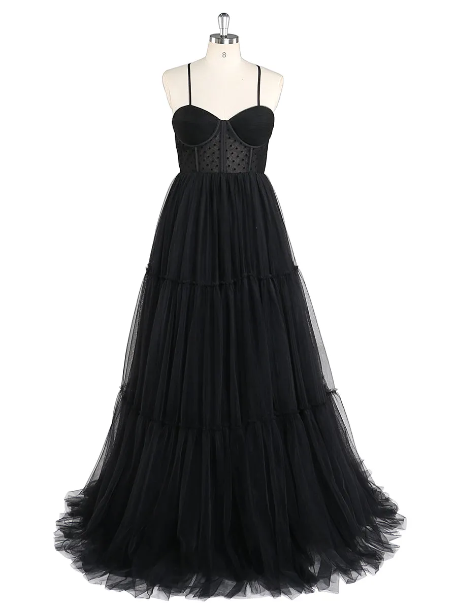 Simple Spaghetti Strap Corset Black Colored Wedding Dresses Prom Dress YEWEN YW220310-1