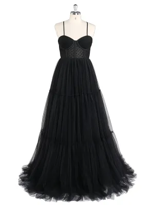 Simple Spaghetti Strap Corset Black Colored Wedding Dresses Prom Dress YEWEN YW220310-1