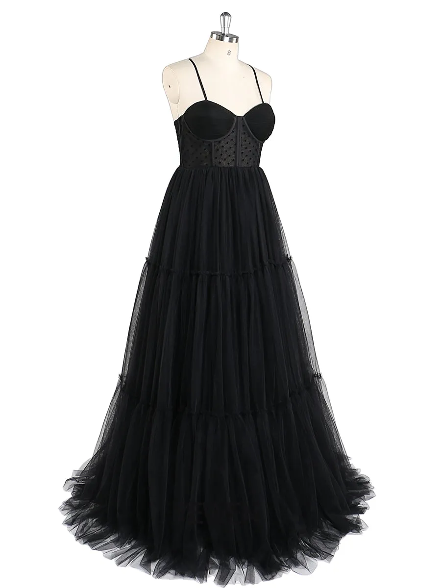 Simple Spaghetti Strap Corset Black Colored Wedding Dresses Prom Dress YEWEN YW220310-1