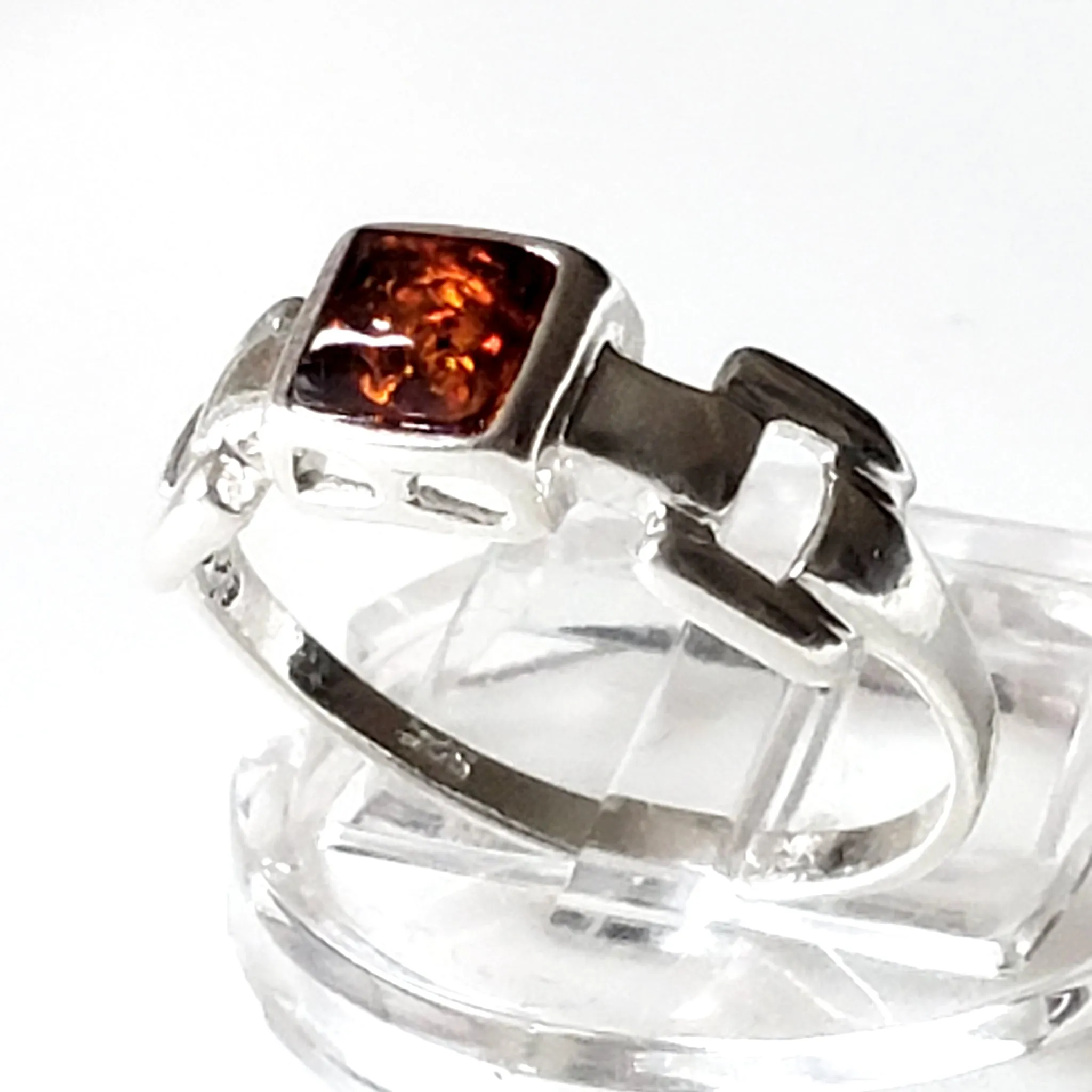 Square Amber Chain Sterling Silver Ring