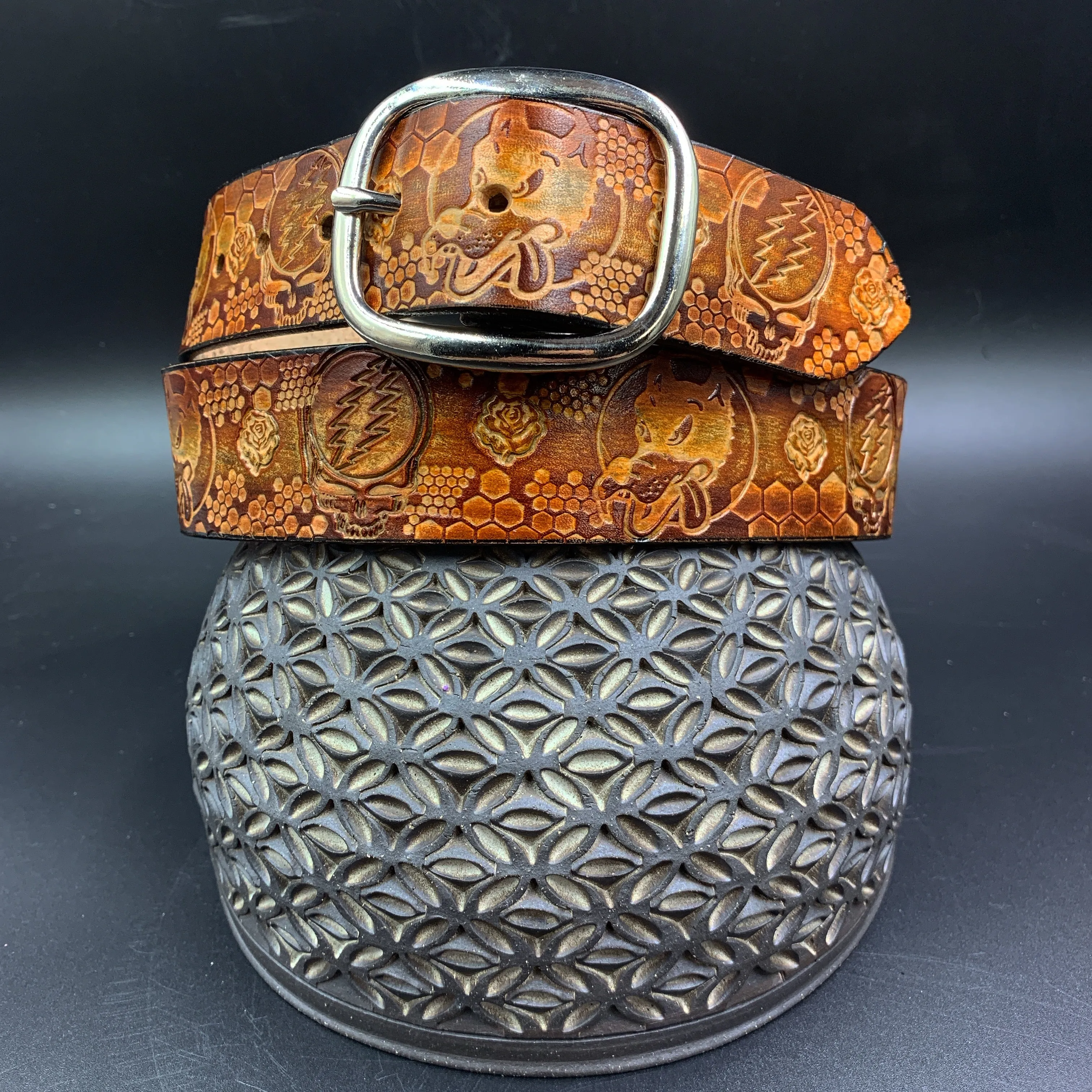 Stamped Leather Belt - Grateful Dire Wolf