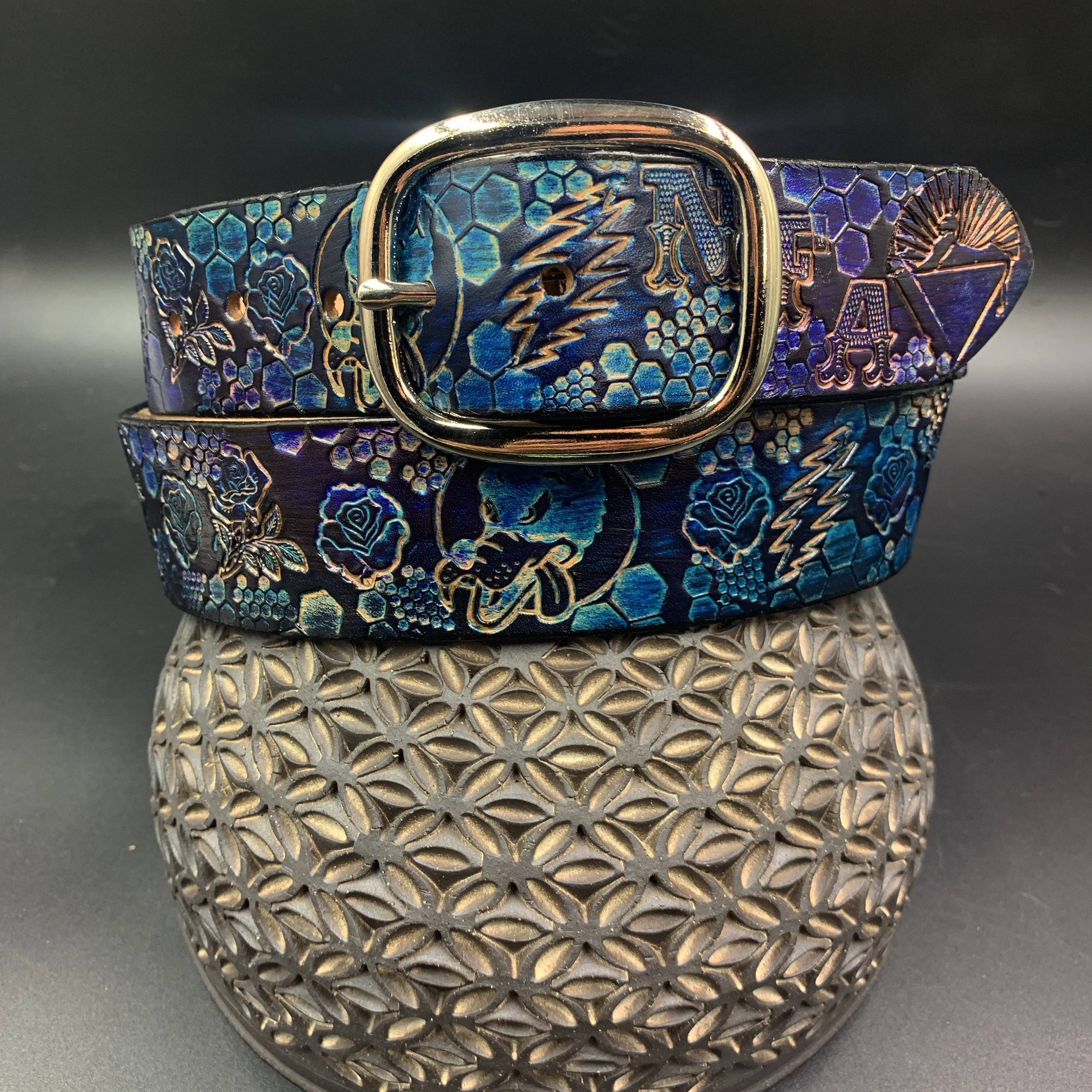 Stamped Leather Belt - Grateful Dire Wolf