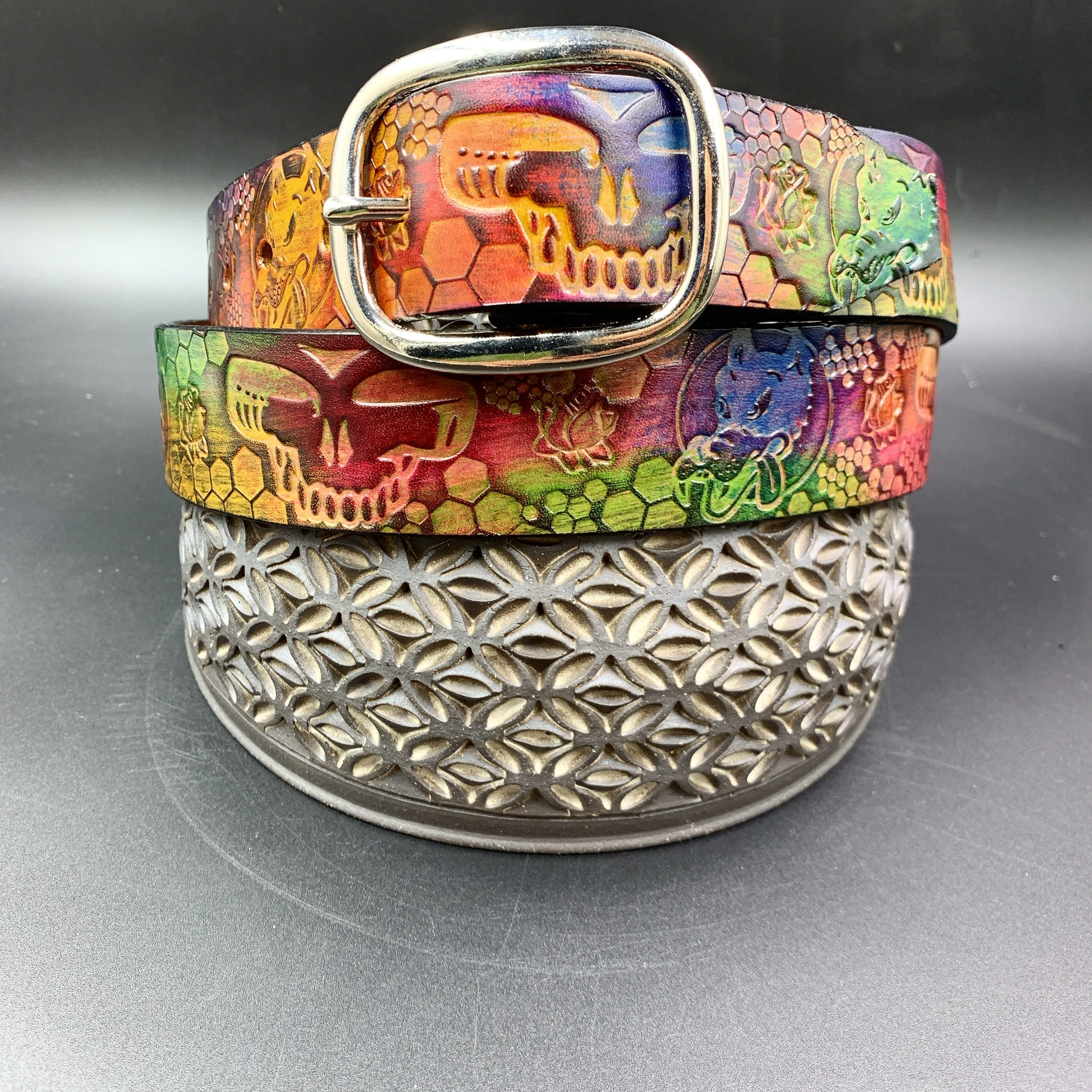 Stamped Leather Belt - Grateful Dire Wolf