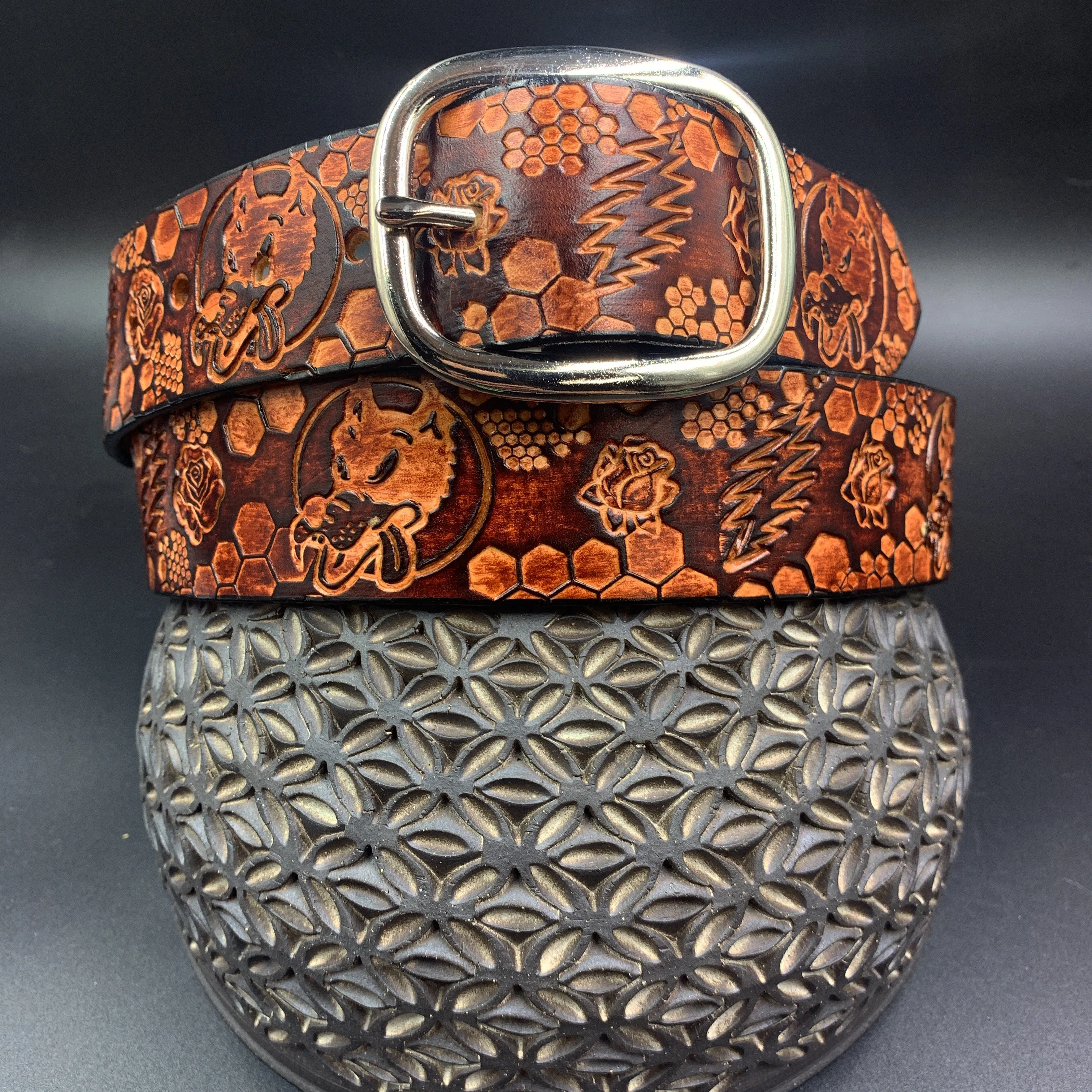 Stamped Leather Belt - Grateful Dire Wolf