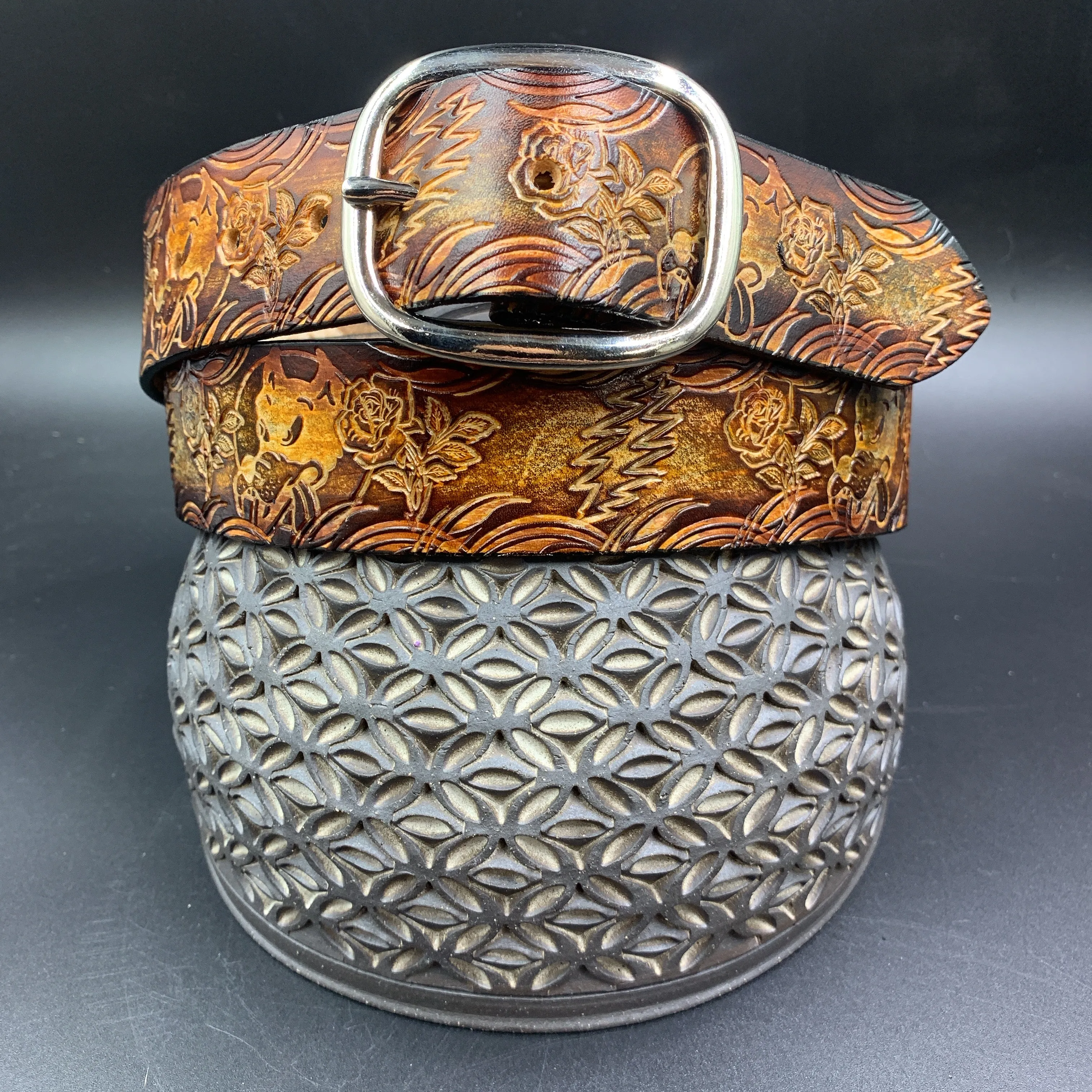Stamped Leather Belt - Grateful Dire Wolf